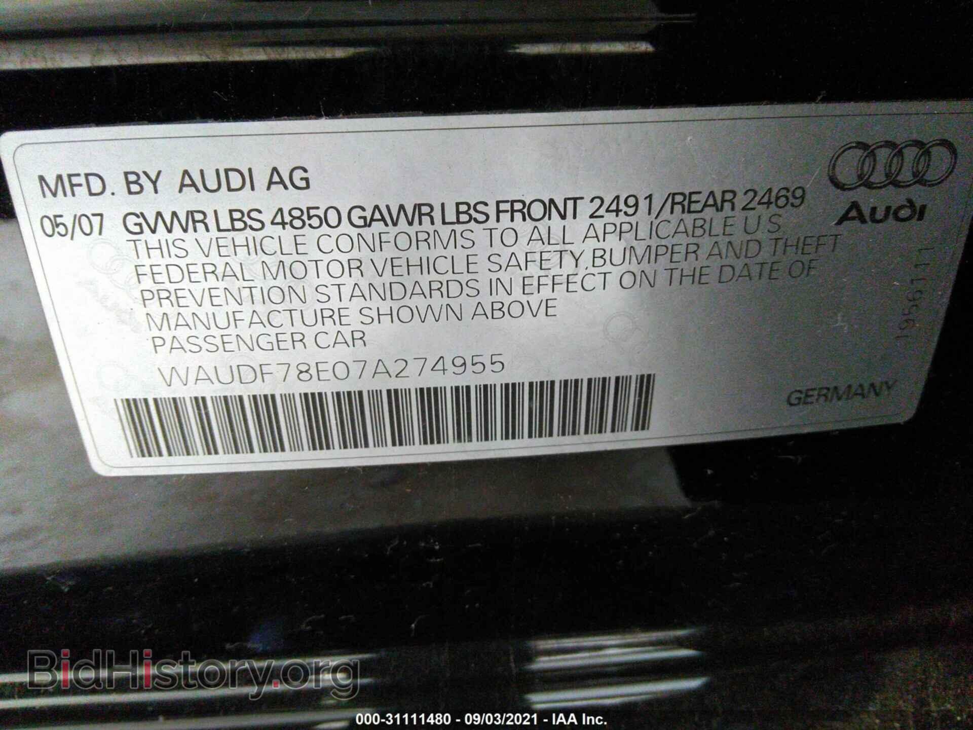 2007 AUDI A4 - VIN: WAUDF78E07A274955 - Photo 9