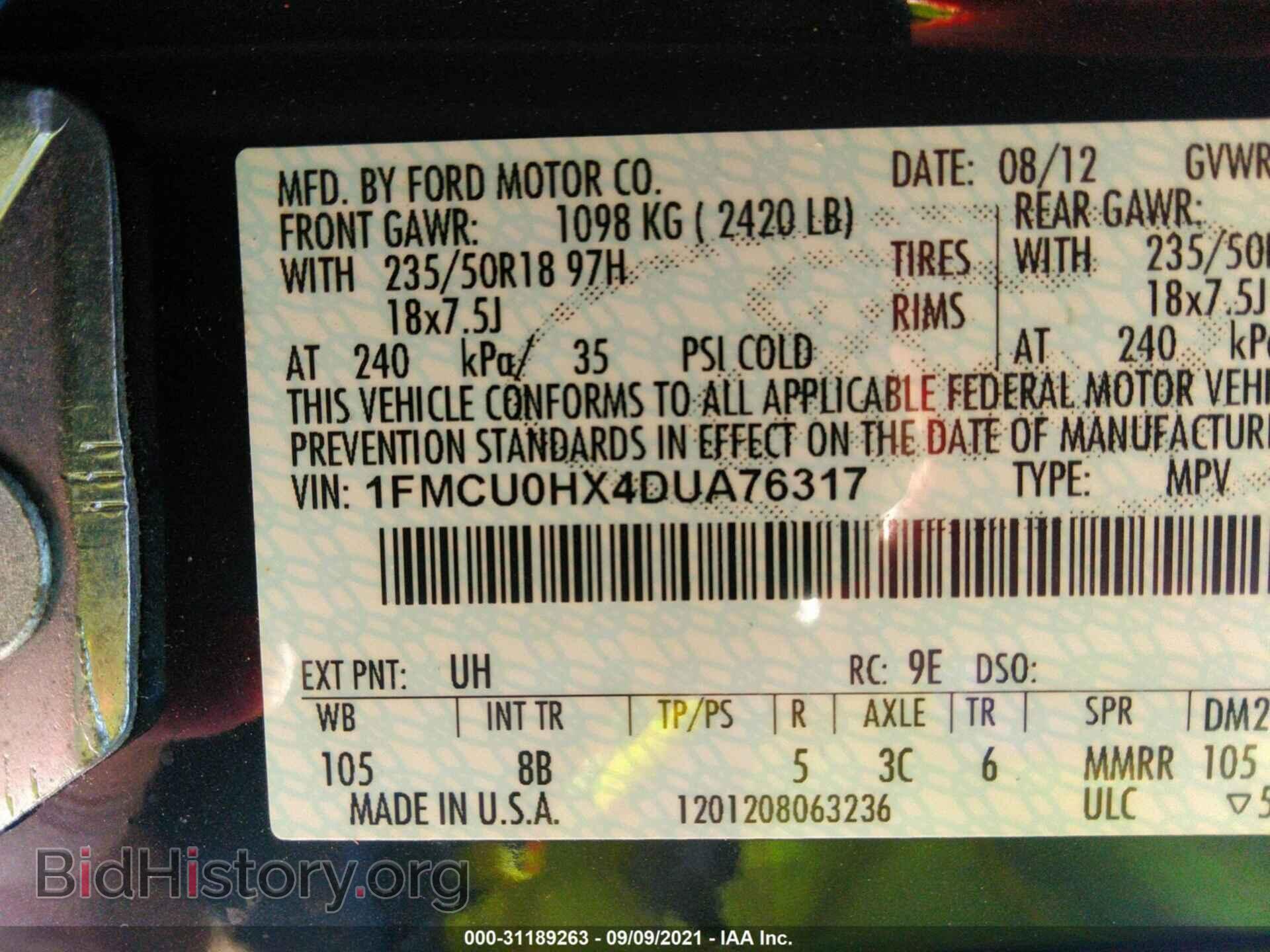 2013 FORD ESCAPE - VIN: 1FMCU0HX4DUA76317 - Фото 9