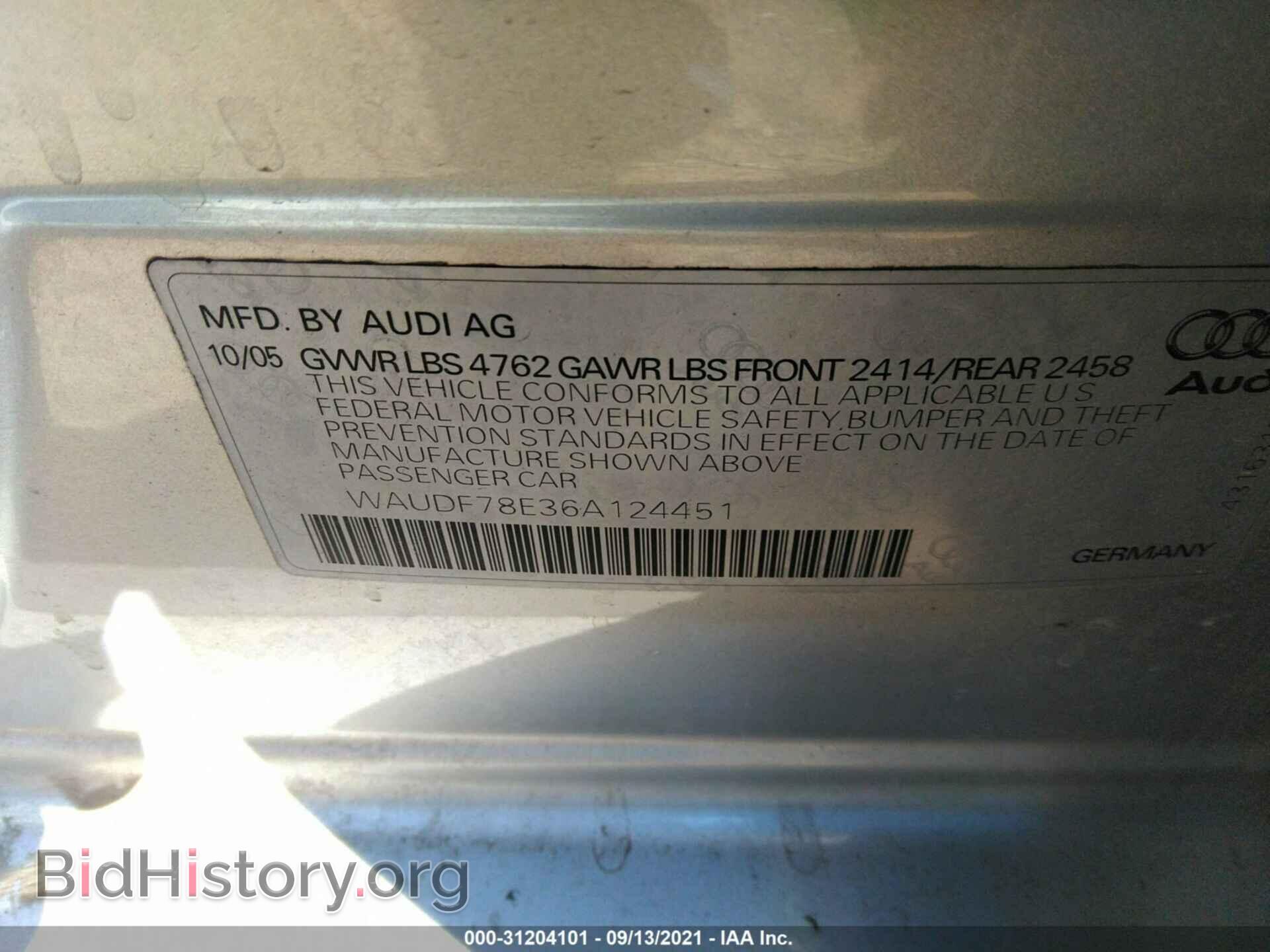 2006 AUDI A4 - VIN: WAUDF78E36A124451 - Фото 9