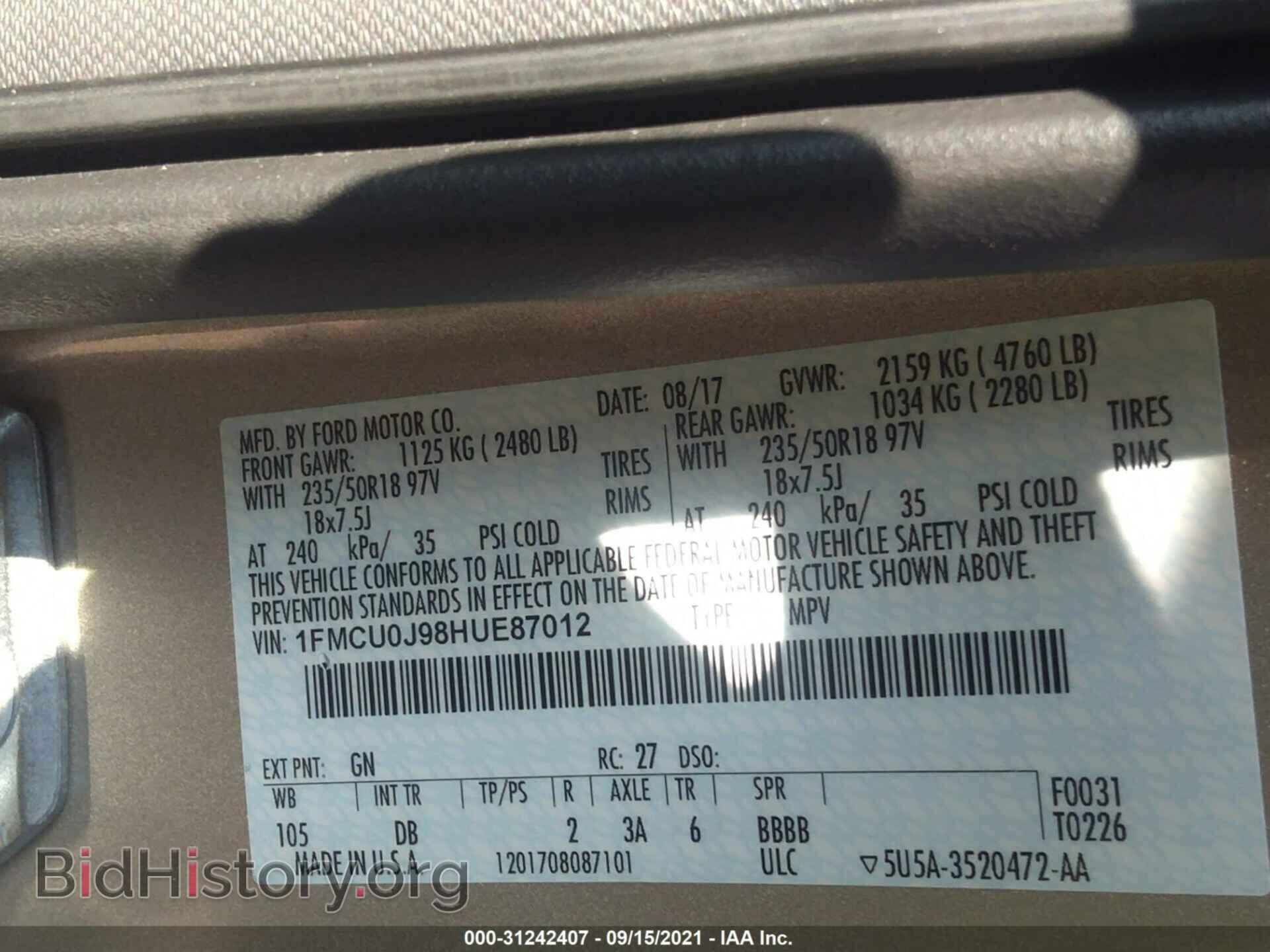 2017 FORD ESCAPE - VIN: 1FMCU0J98HUE87012 - Фото 9
