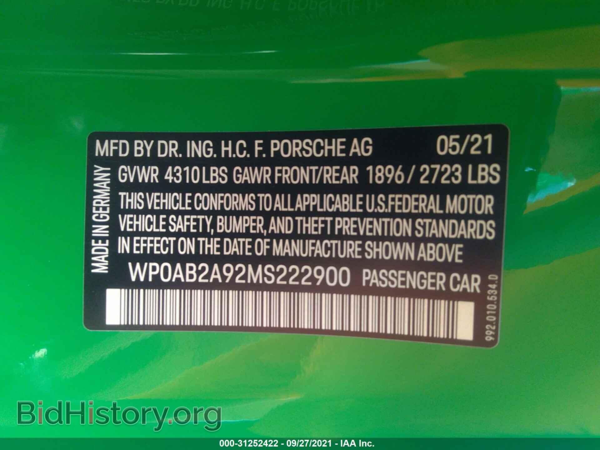 2021 PORSCHE 911 - VIN: WP0AB2A92MS222900 - Фото 9