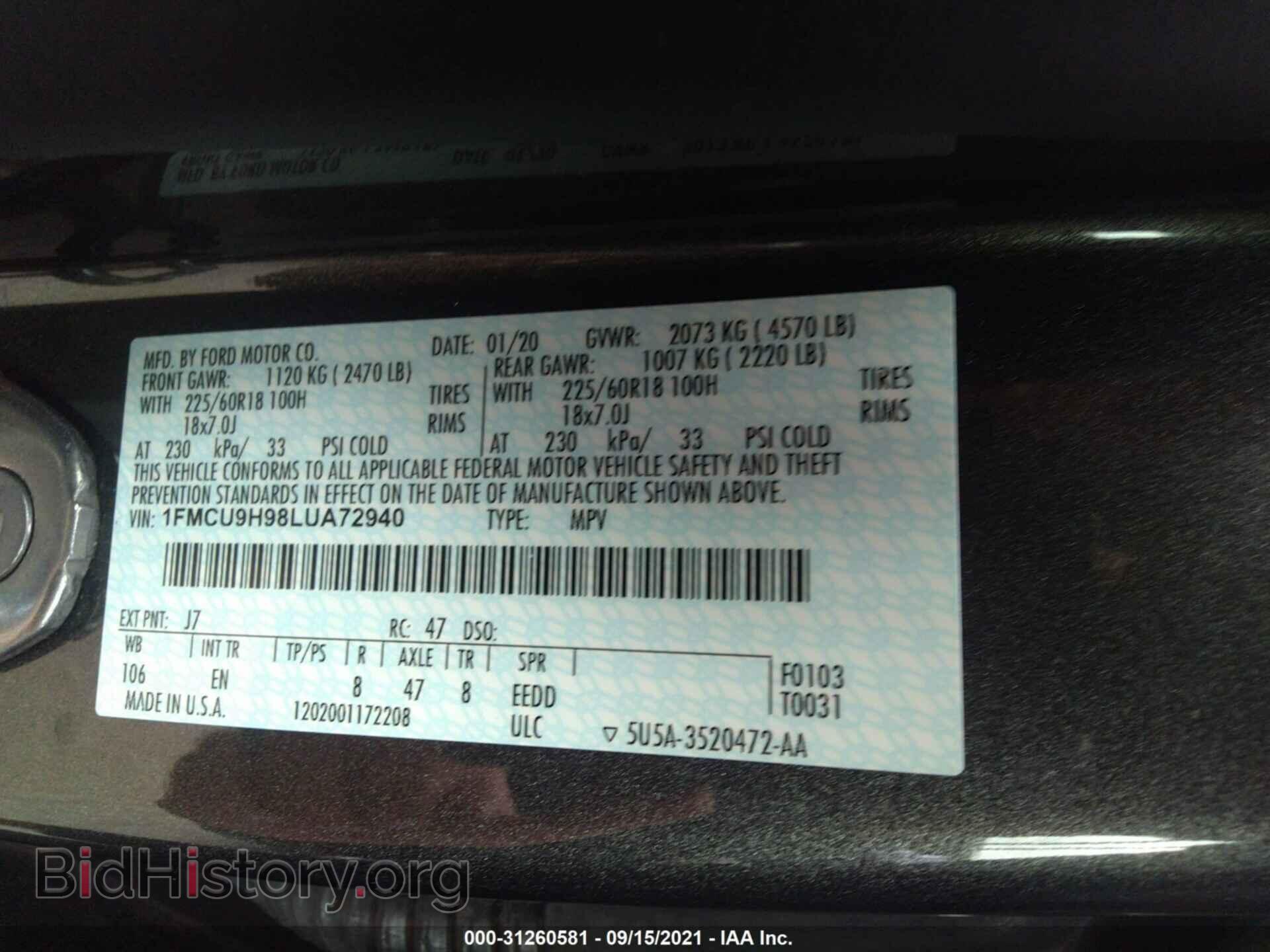 2020 FORD ESCAPE - VIN: 1FMCU9H98LUA72940 - Photo 9