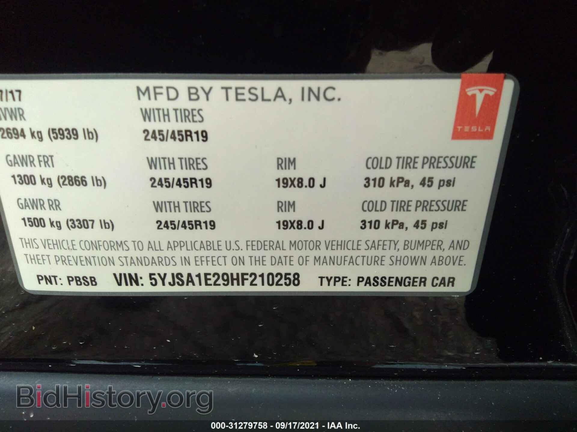 2017 TESLA MODEL S - VIN: 5YJSA1E29HF210258 - Photo 9