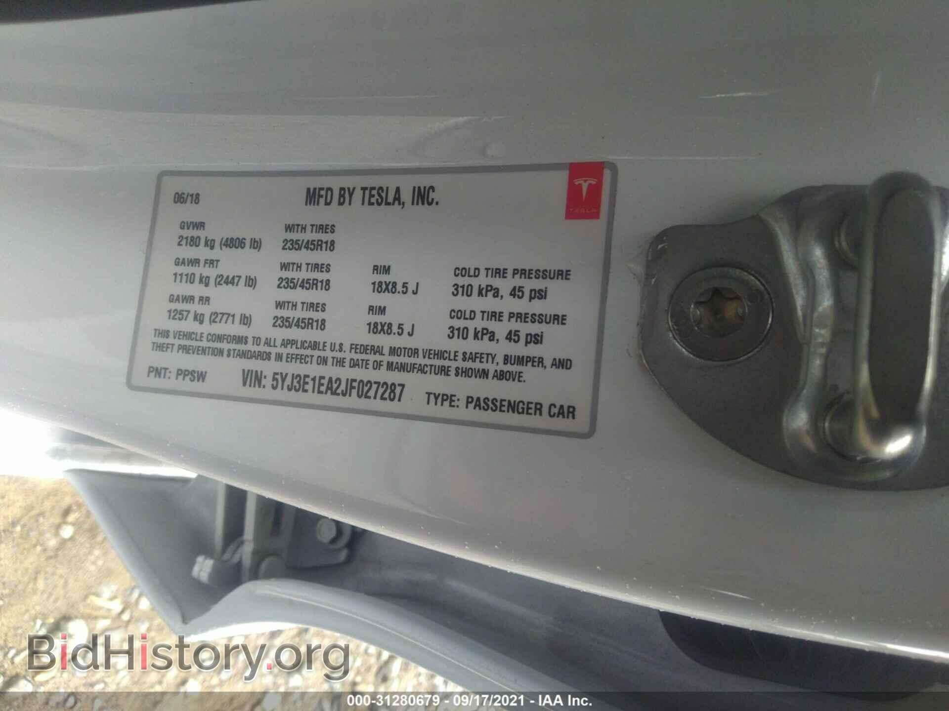 2018 TESLA MODEL 3 - VIN: 5YJ3E1EA2JF027287 - Фото 9