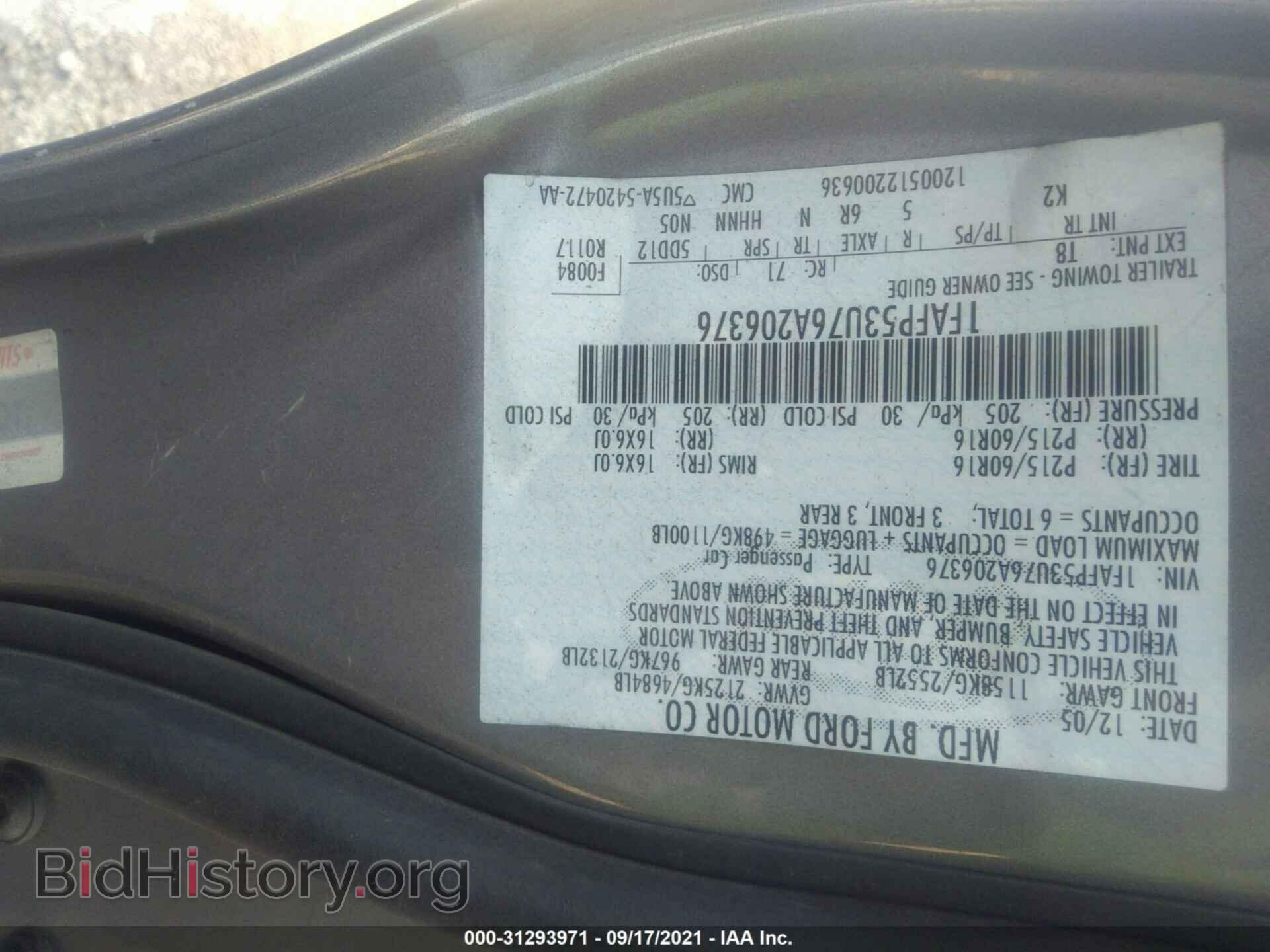 2006 FORD TAURUS - VIN: 1FAFP53U76A206376 - Фото 9