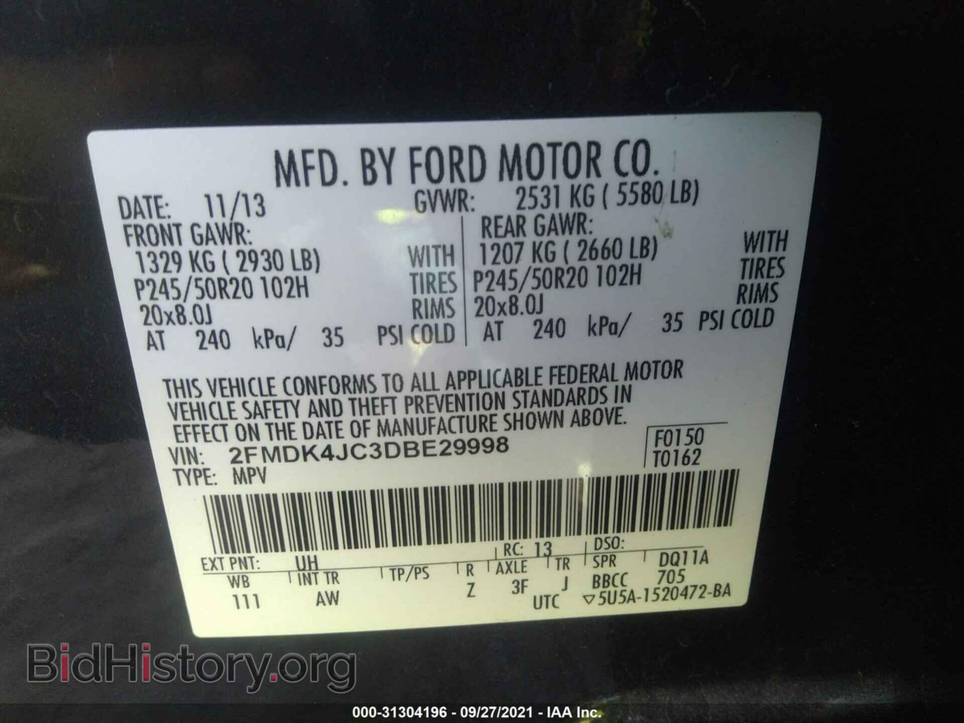 2013 FORD EDGE - VIN: 2FMDK4JC3DBE29998 - Фото 9