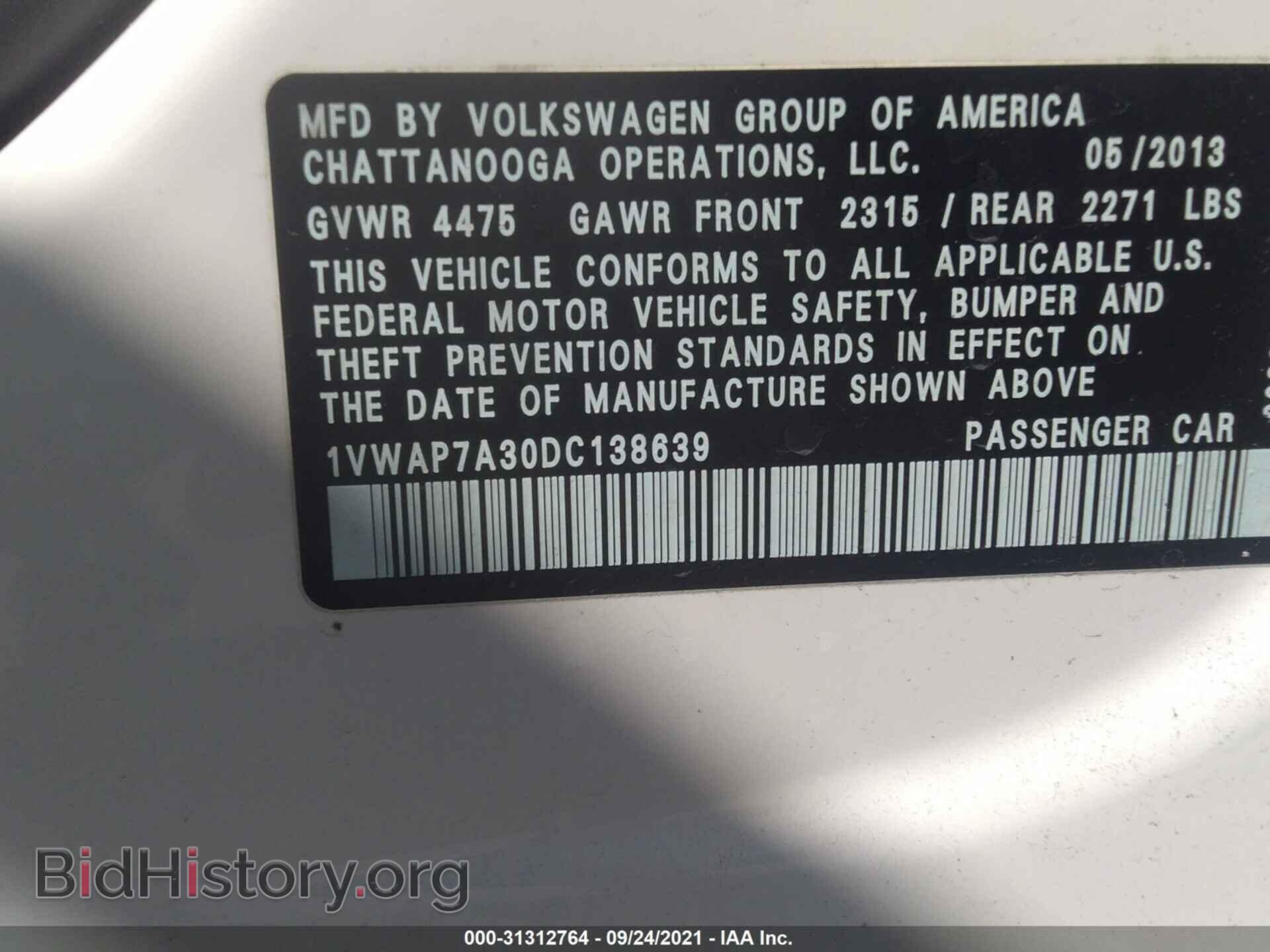 2013 VOLKSWAGEN PASSAT - VIN: 1VWAP7A30DC138639 - Фото 9