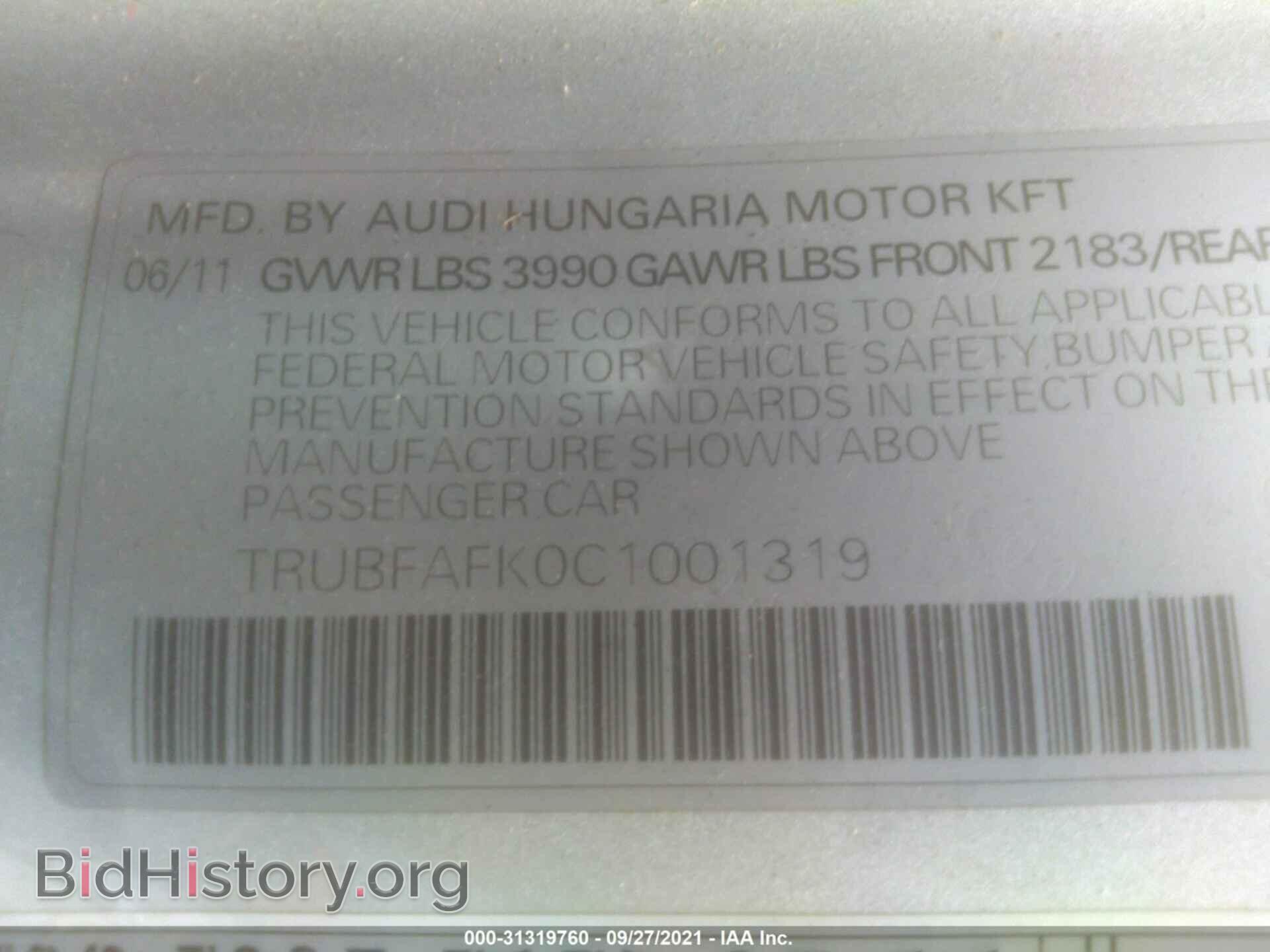 2012 AUDI TT - VIN: TRUBFAFK0C1001319 - Photo 9