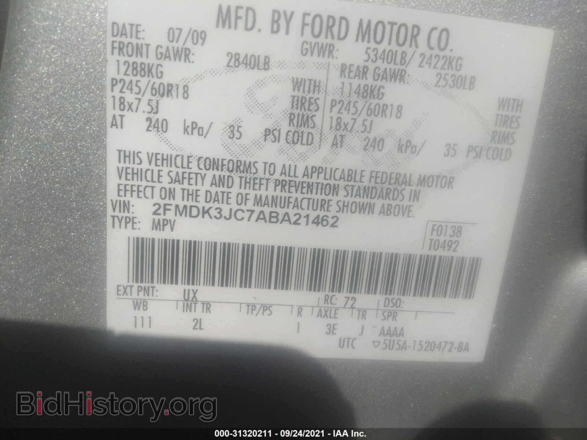2010 FORD EDGE - VIN: 2FMDK3JC7ABA21462 - Фото 9