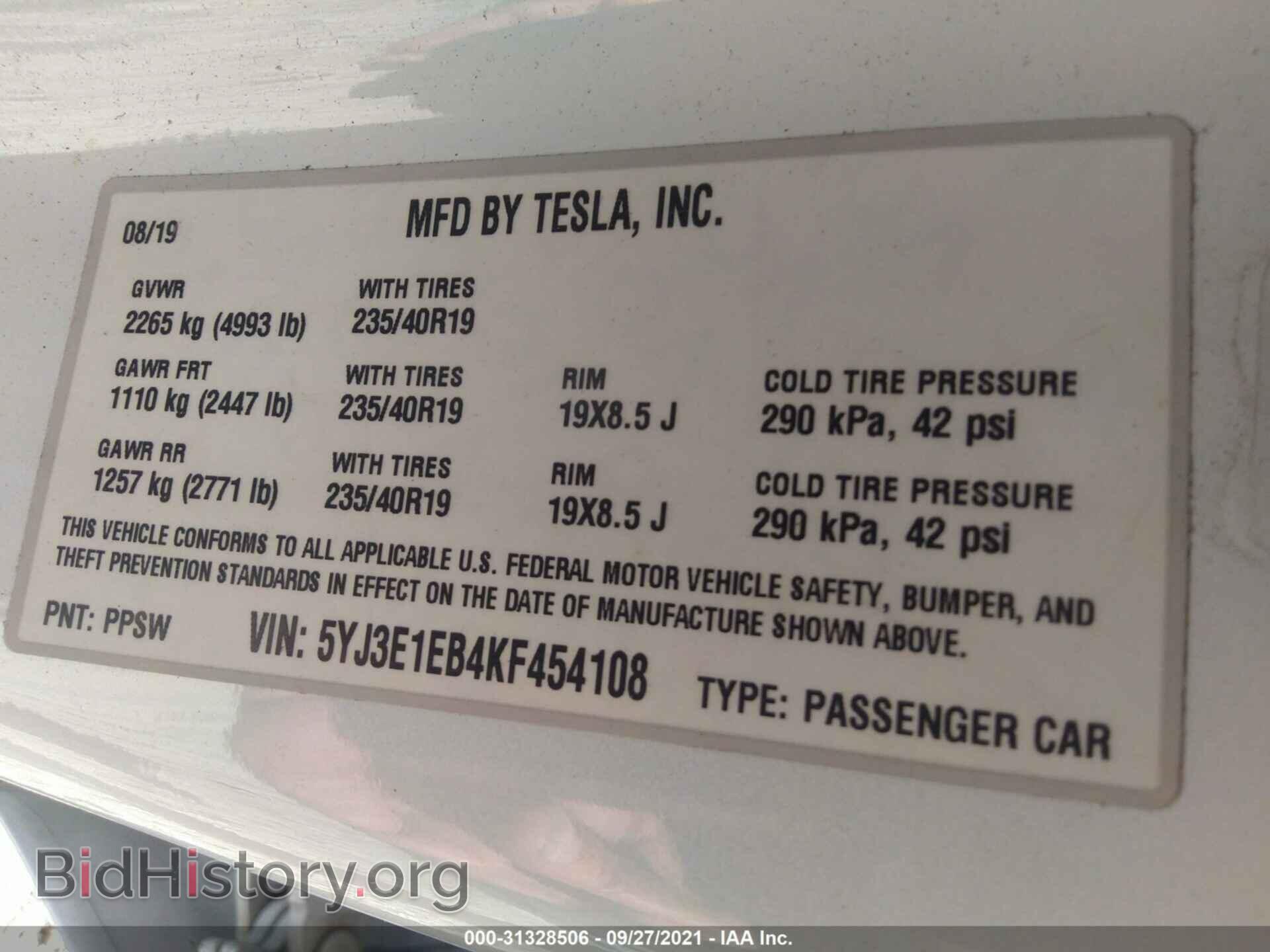 2019 TESLA MODEL 3 - VIN: 5YJ3E1EB4KF454108 - Фото 9