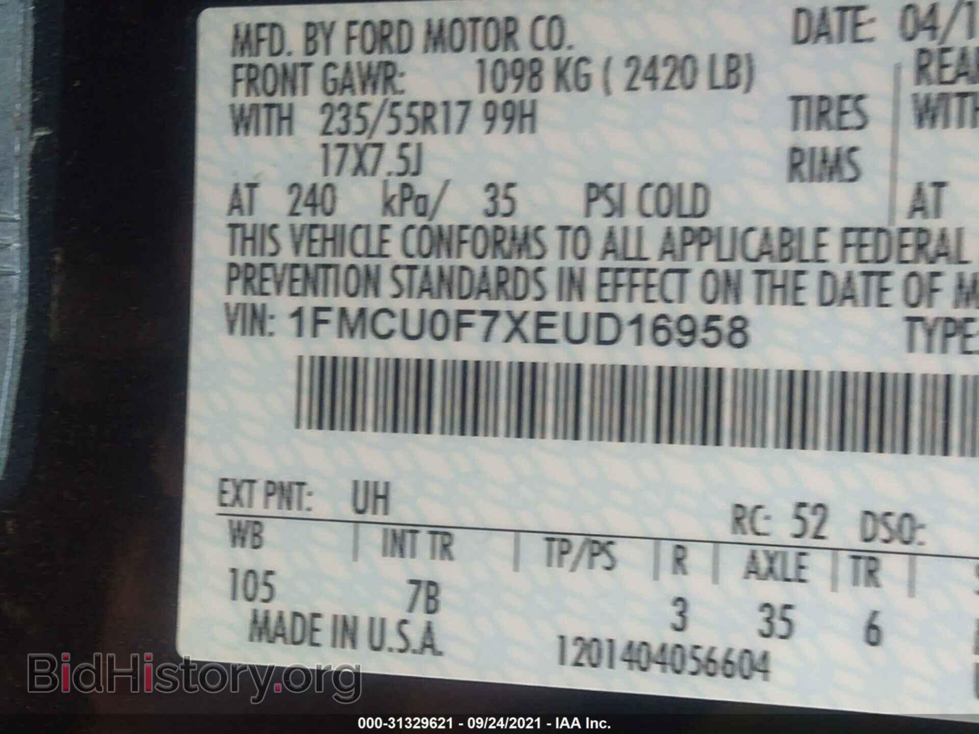 2014 FORD ESCAPE - VIN: 1FMCU0F7XEUD16958 - Фото 9