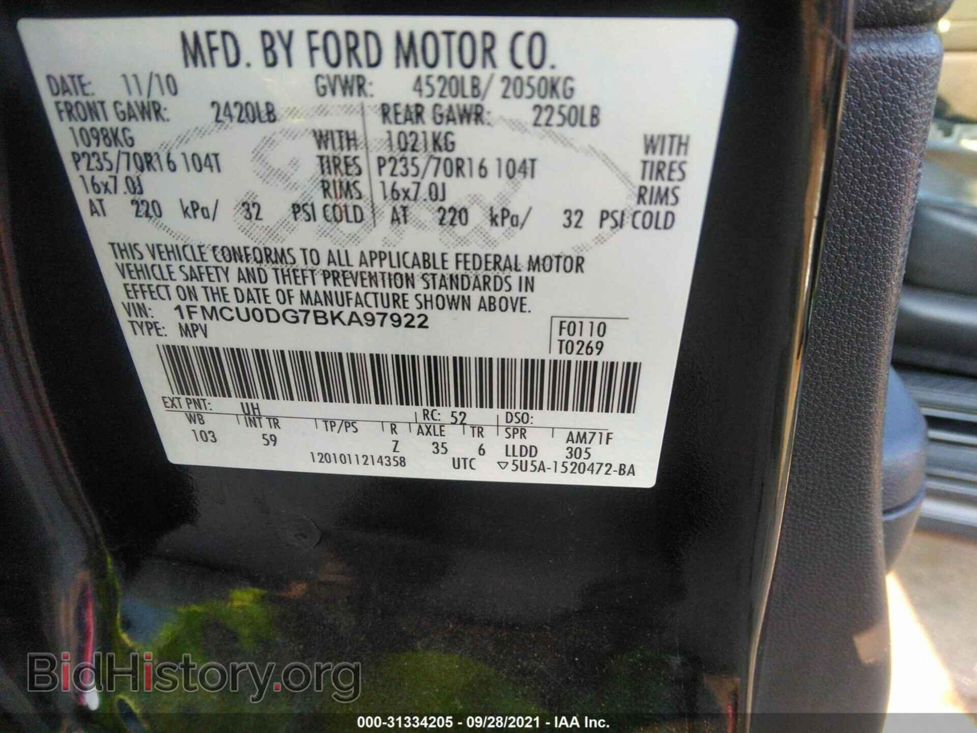 2011 FORD ESCAPE - VIN: 1FMCU0DG7BKA97922 - Фото 9