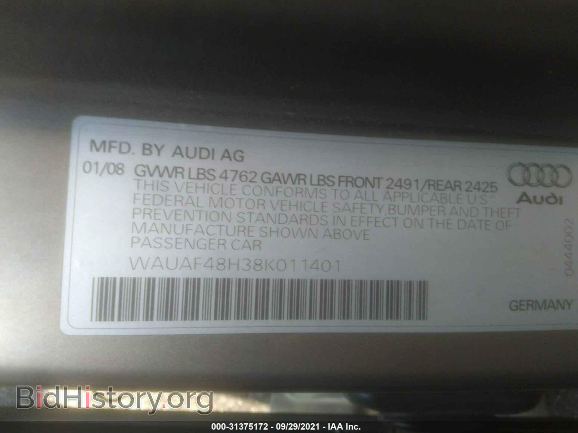 2008 AUDI A4 - VIN: WAUAF48H38K011401 - Фото 9