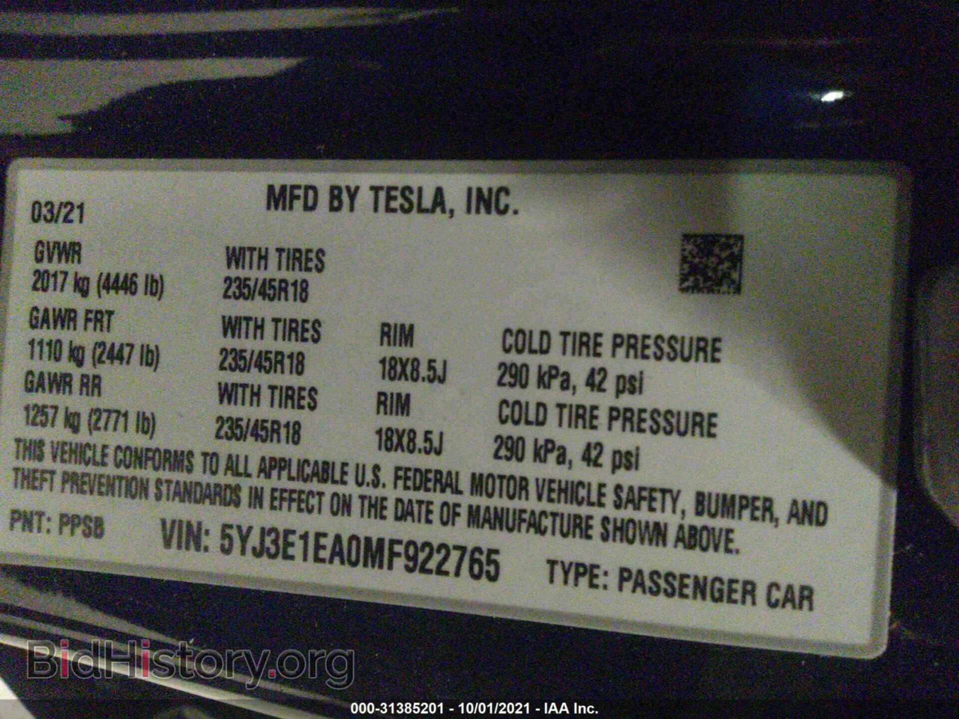 2021 TESLA MODEL 3 - VIN: 5YJ3E1EA0MF922765 - Фото 9