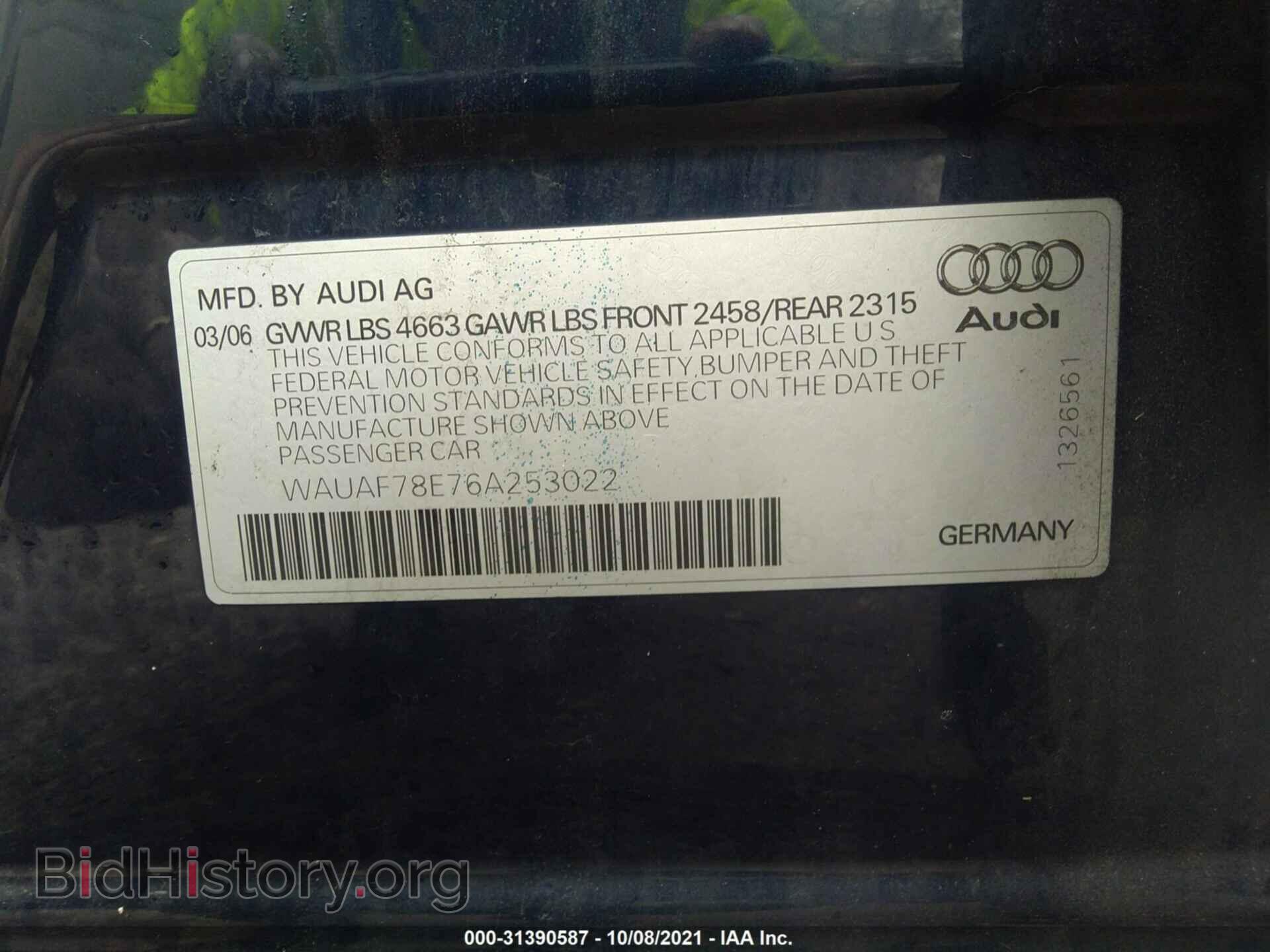 2006 AUDI A4 - VIN: WAUAF78E76A253022 - Фото 9