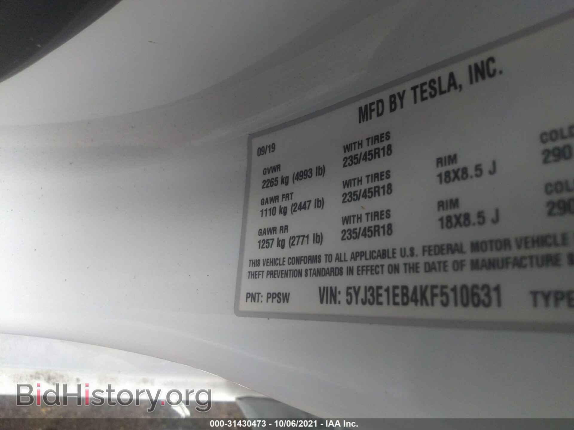 2019 TESLA MODEL 3 - VIN: 5YJ3E1EB4KF510631 - Photo 9