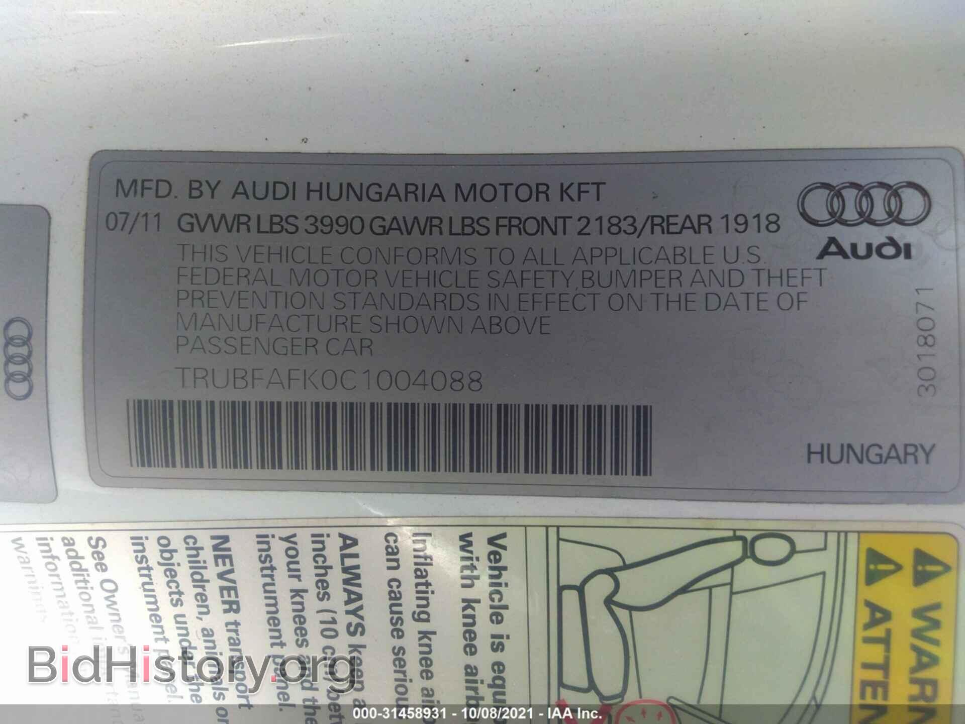 2012 AUDI TT - VIN: TRUBFAFK0C1004088 - Фото 9