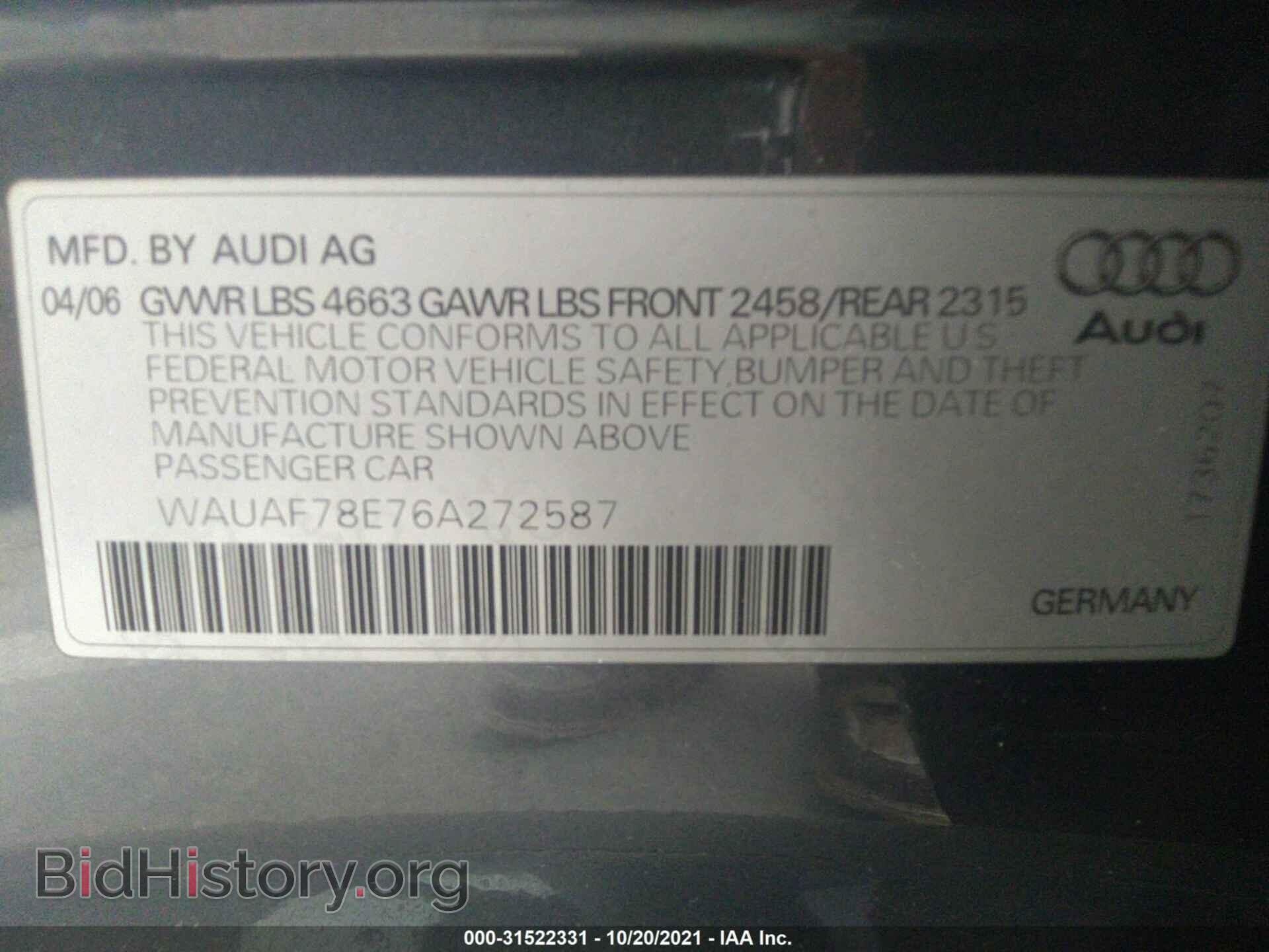 2006 AUDI A4 - VIN: WAUAF78E76A272587 - Фото 9