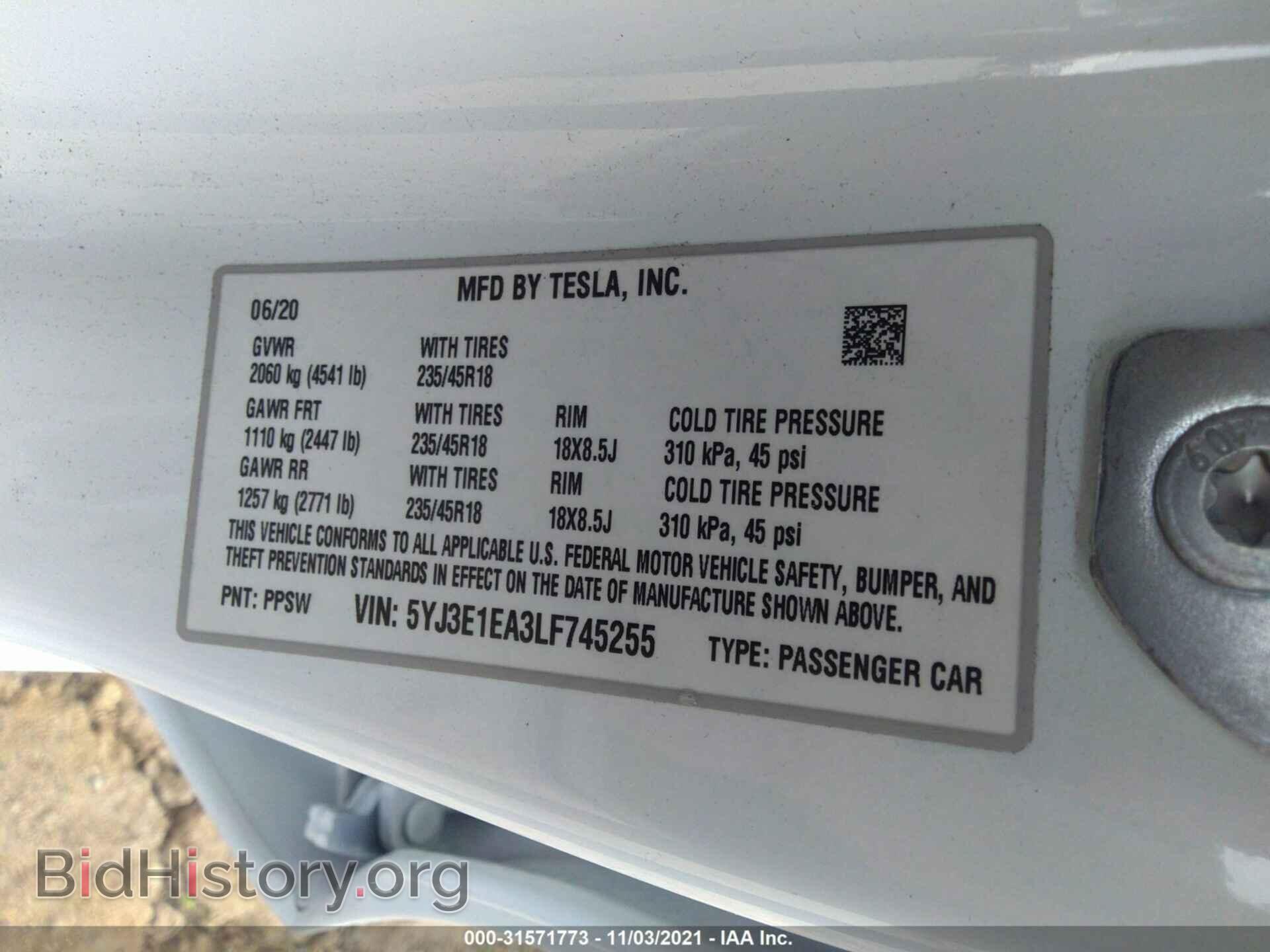 2020 TESLA MODEL 3 - VIN: 5YJ3E1EA3LF745255 - Фото 9