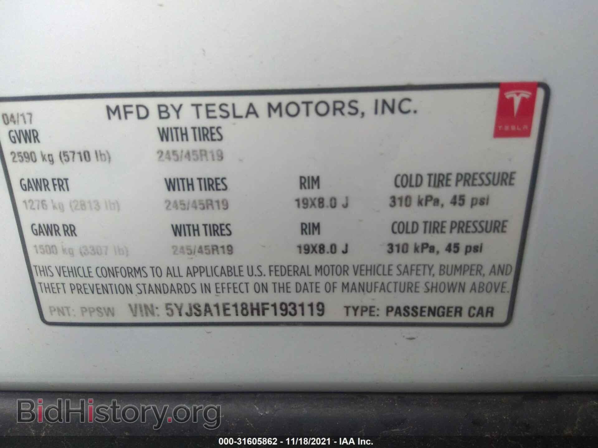 2017 TESLA MODEL S - VIN: 5YJSA1E18HF193119 - Фото 9