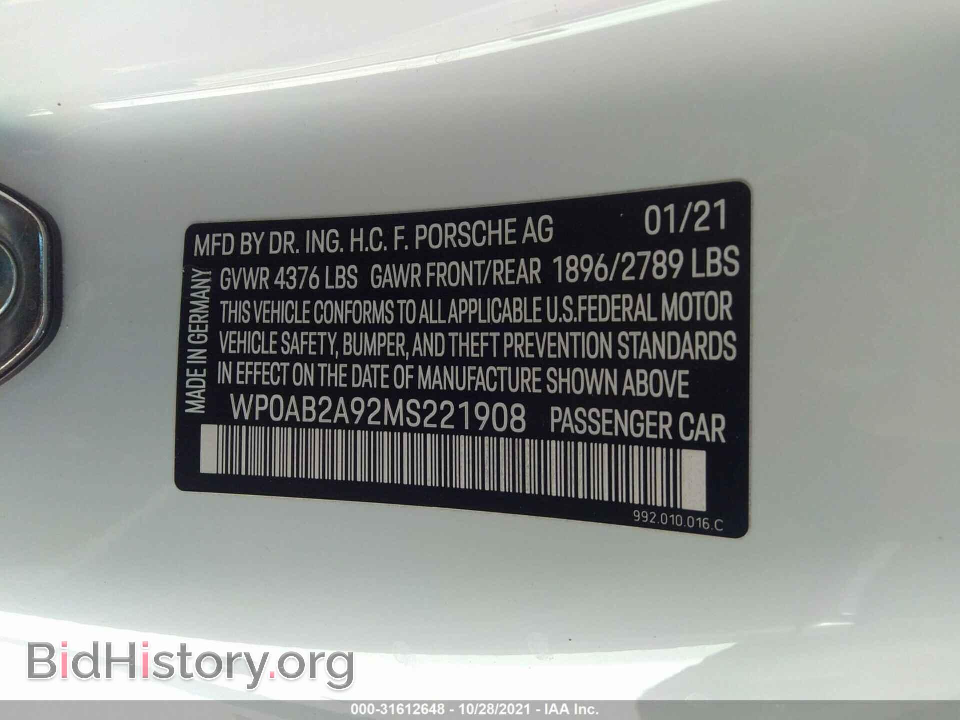 2021 PORSCHE 911 - VIN: WP0AB2A92MS221908 - Photo 9
