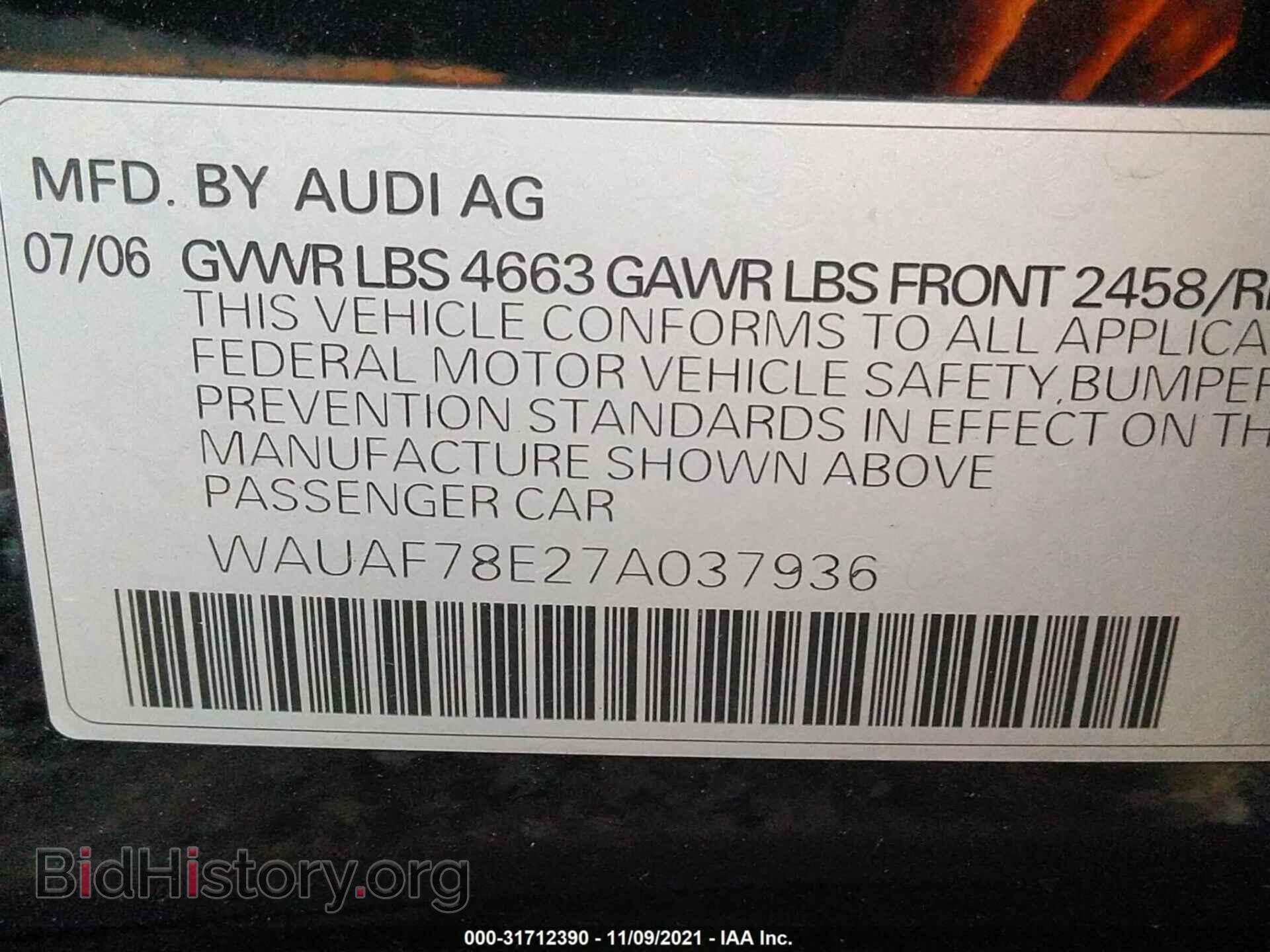 2007 AUDI A4 - VIN: WAUAF78E27A037936 - Фото 9