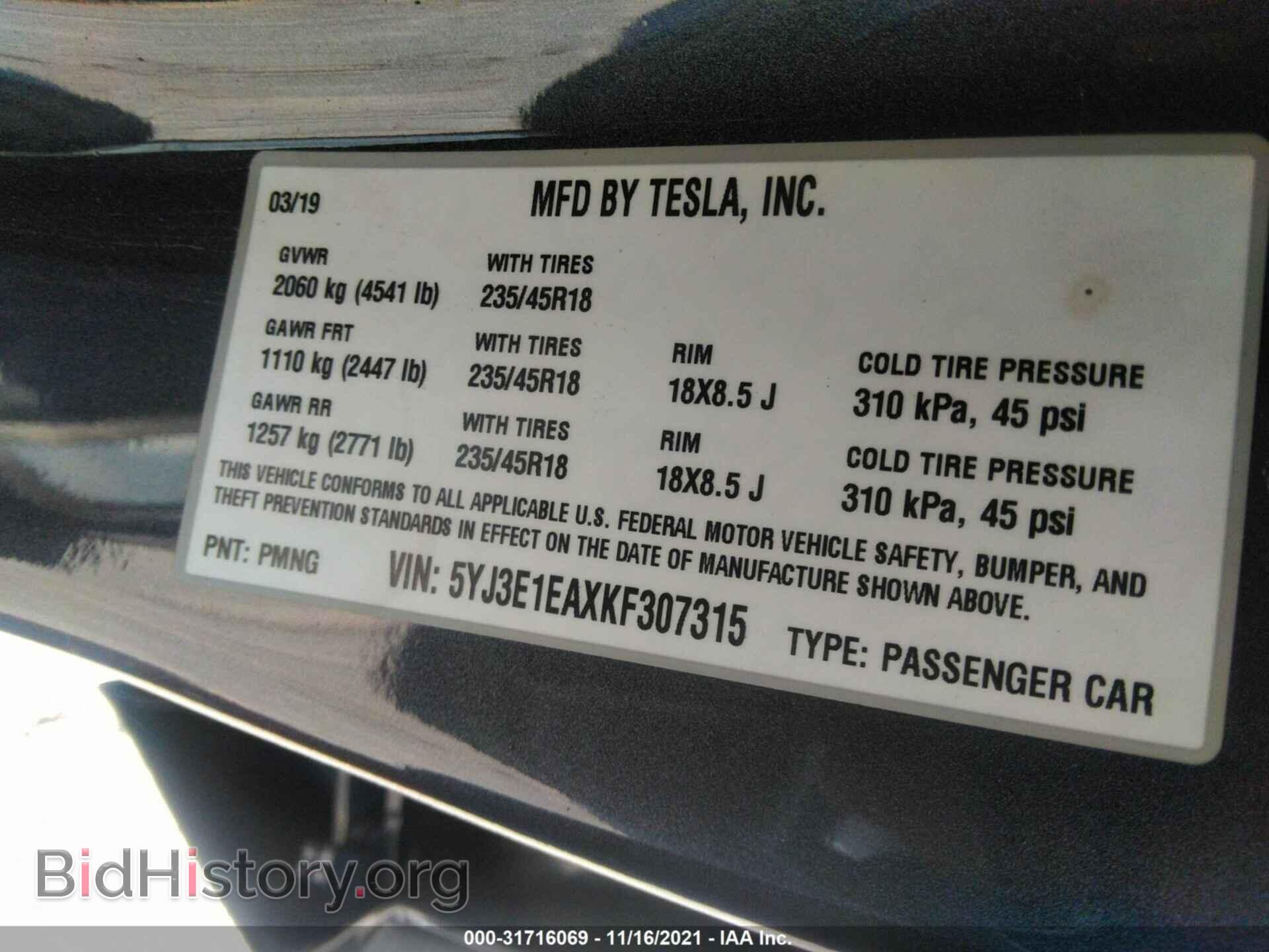 2019 TESLA MODEL 3 - VIN: 5YJ3E1EAXKF307315 - Фото 9