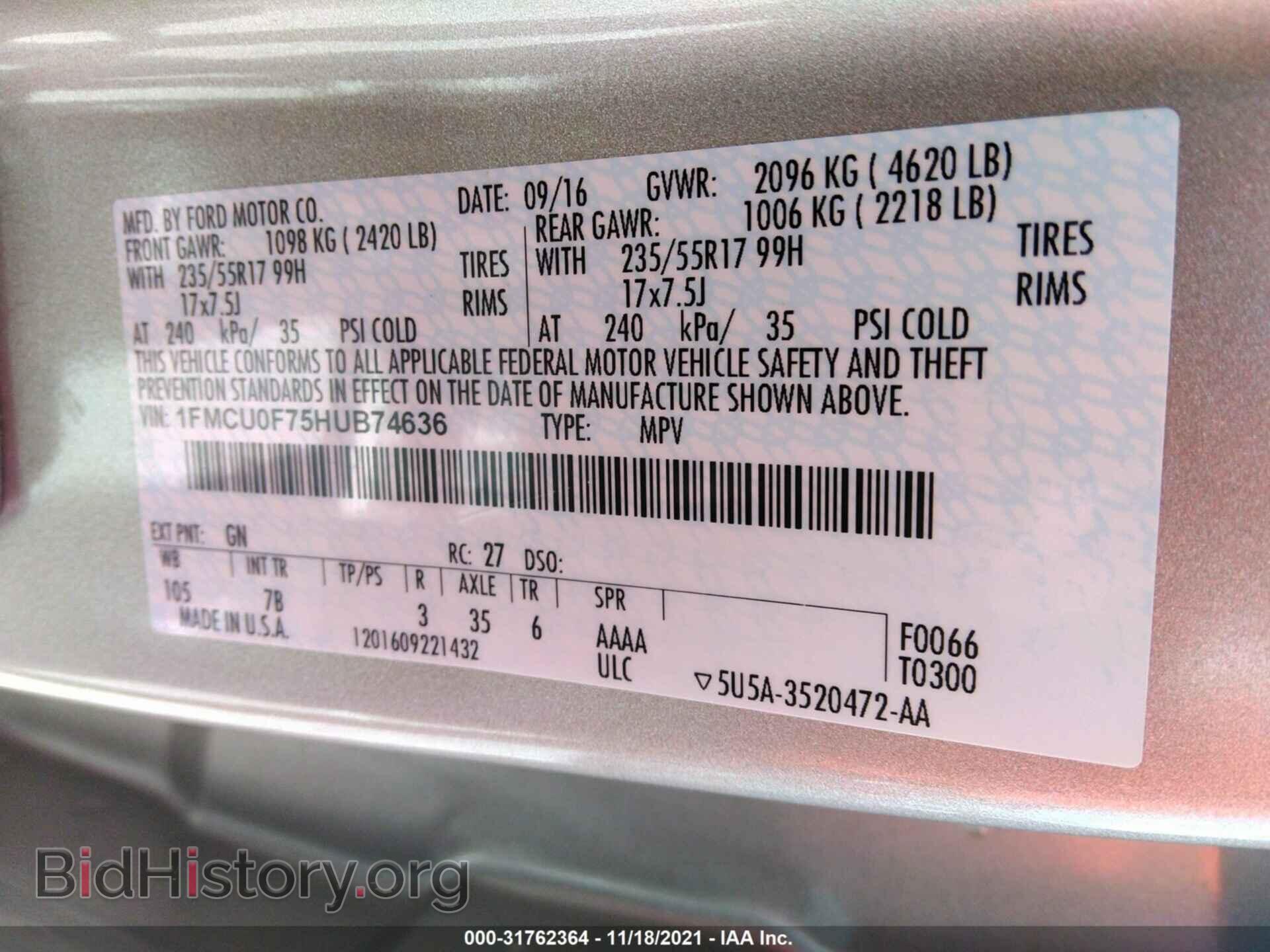 2017 FORD ESCAPE - VIN: 1FMCU0F75HUB74636 - Photo 9