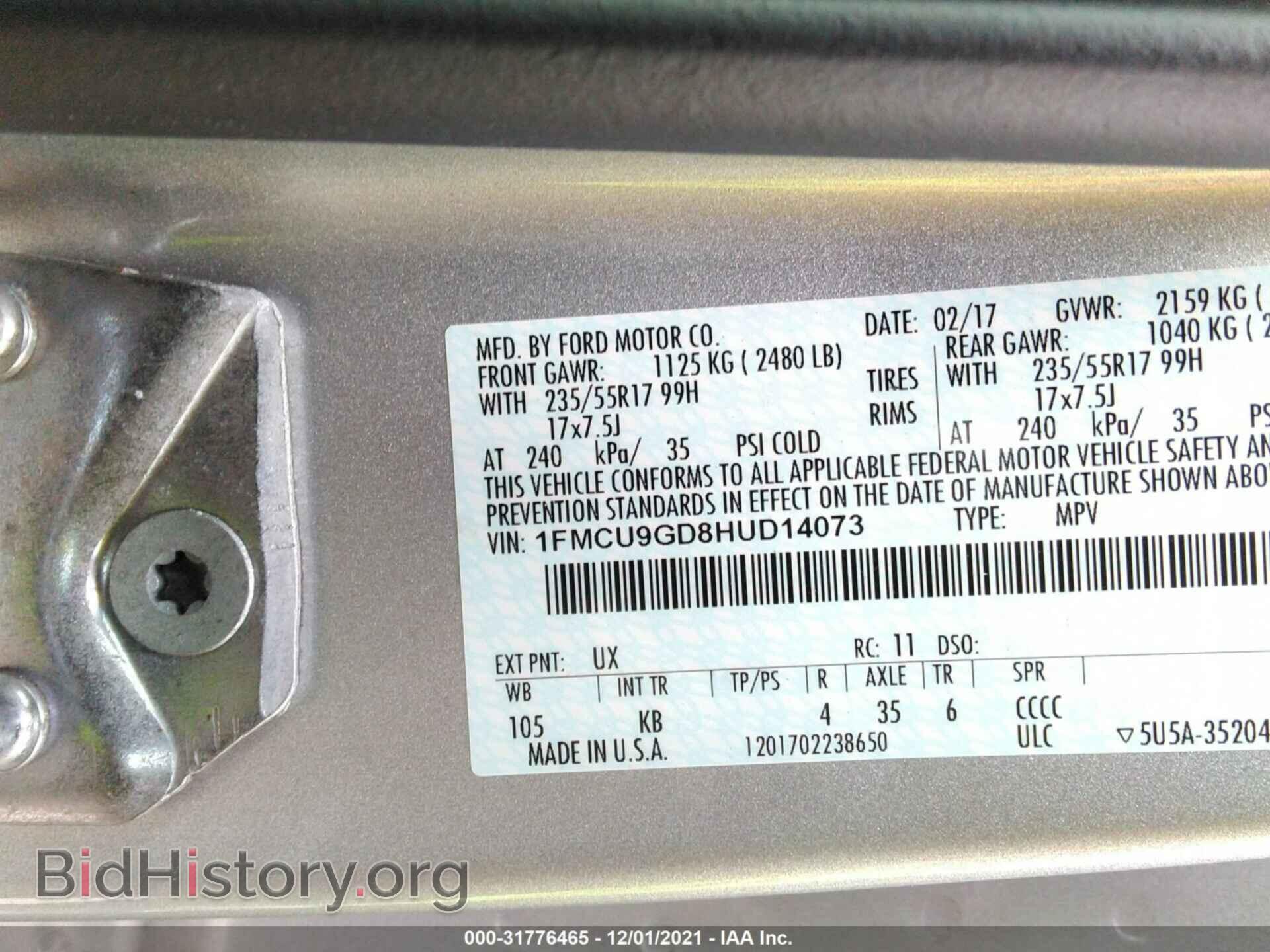 2017 FORD ESCAPE - VIN: 1FMCU9GD8HUD14073 - Фото 9