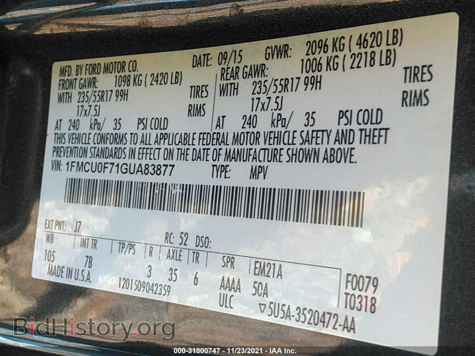 2016 FORD ESCAPE - VIN: 1FMCU0F71GUA83877 - Фото 9