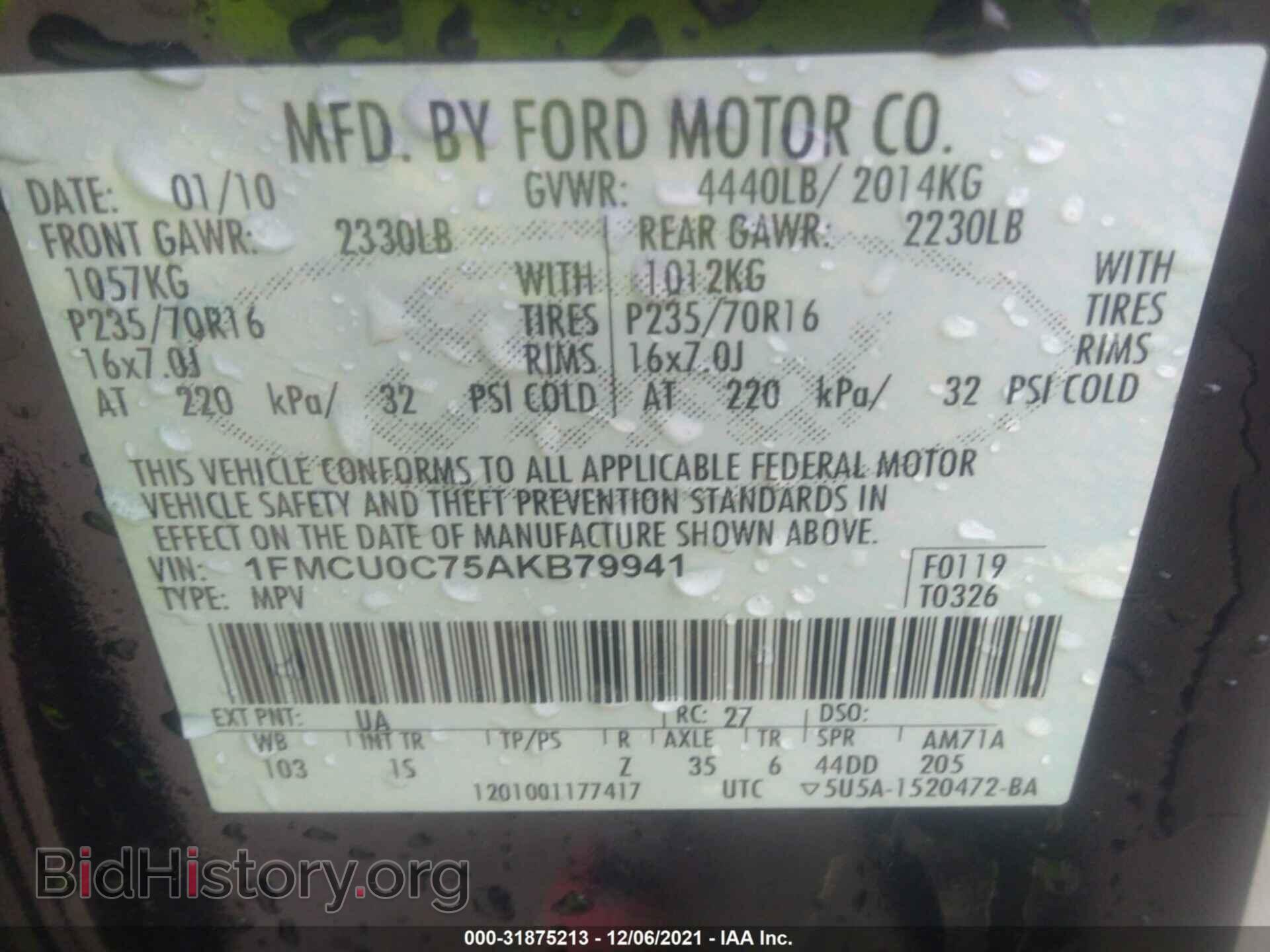 2010 FORD ESCAPE - VIN: 1FMCU0C75AKB79941 - Фото 9