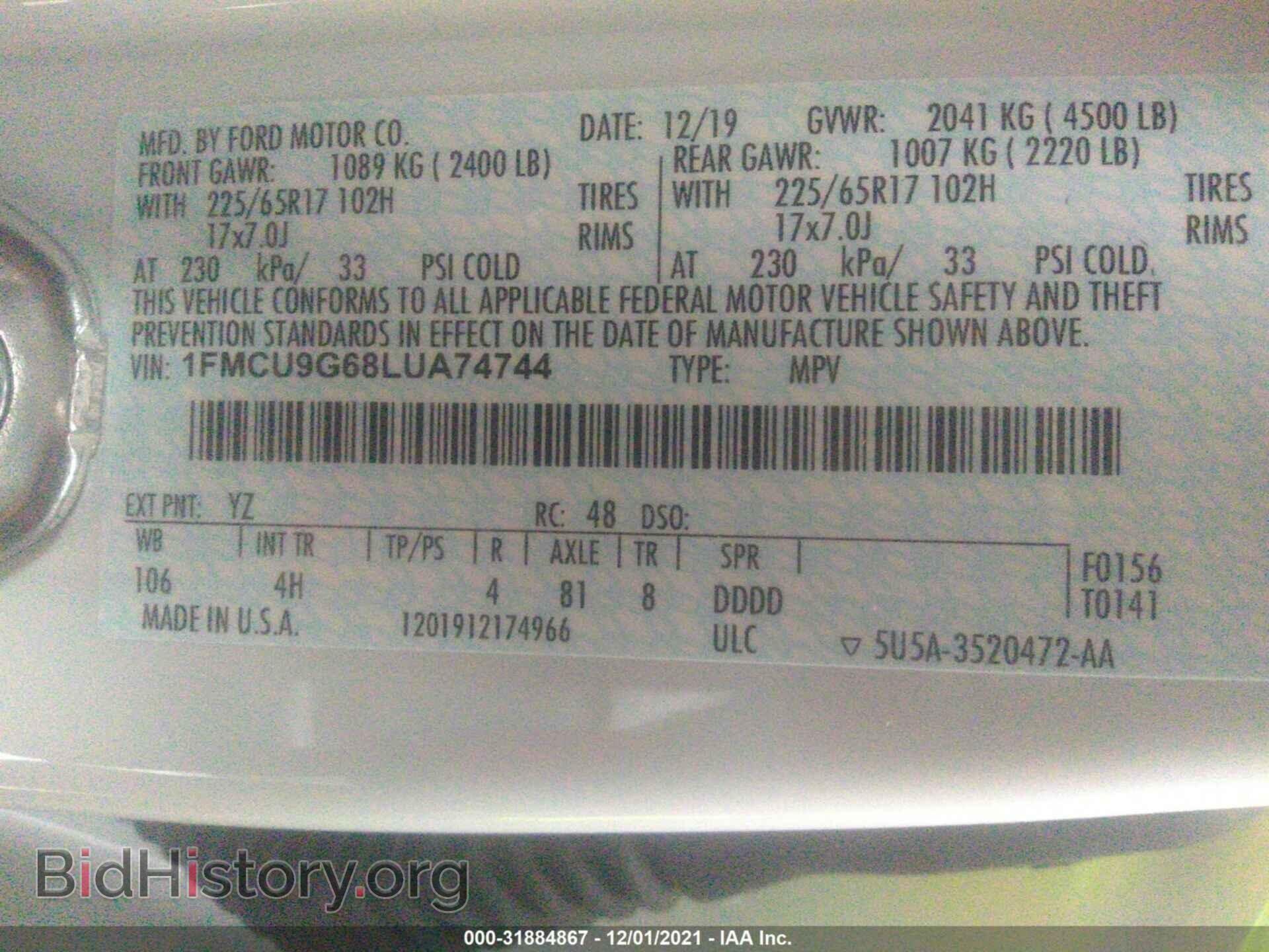2020 FORD ESCAPE - VIN: 1FMCU9G68LUA74744 - Photo 9