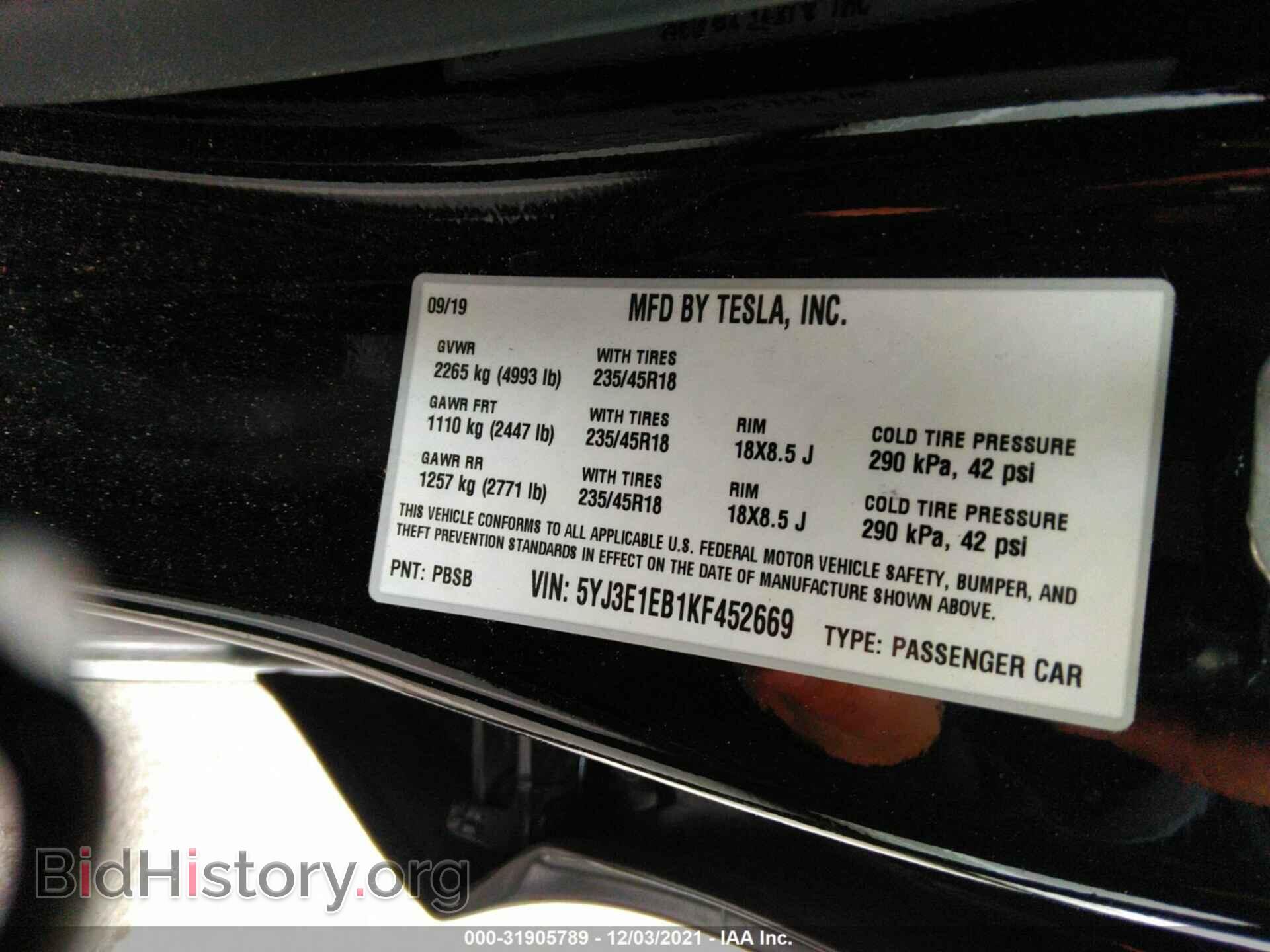 2019 TESLA MODEL 3 - VIN: 5YJ3E1EB1KF452669 - Фото 9