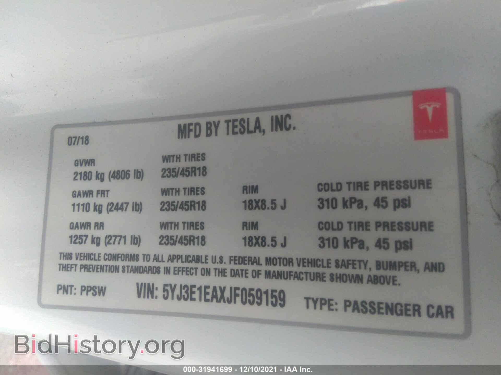 2018 TESLA MODEL 3 - VIN: 5YJ3E1EAXJF059159 - Photo 9