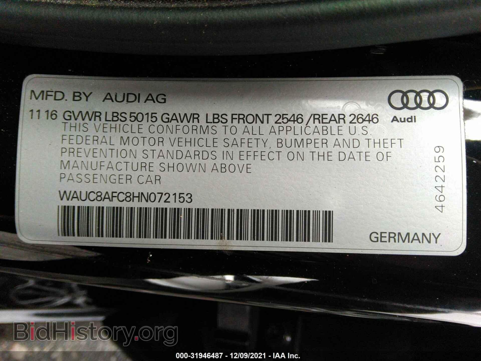 2017 AUDI A6 - VIN: WAUC8AFC8HN072153 - Фото 9