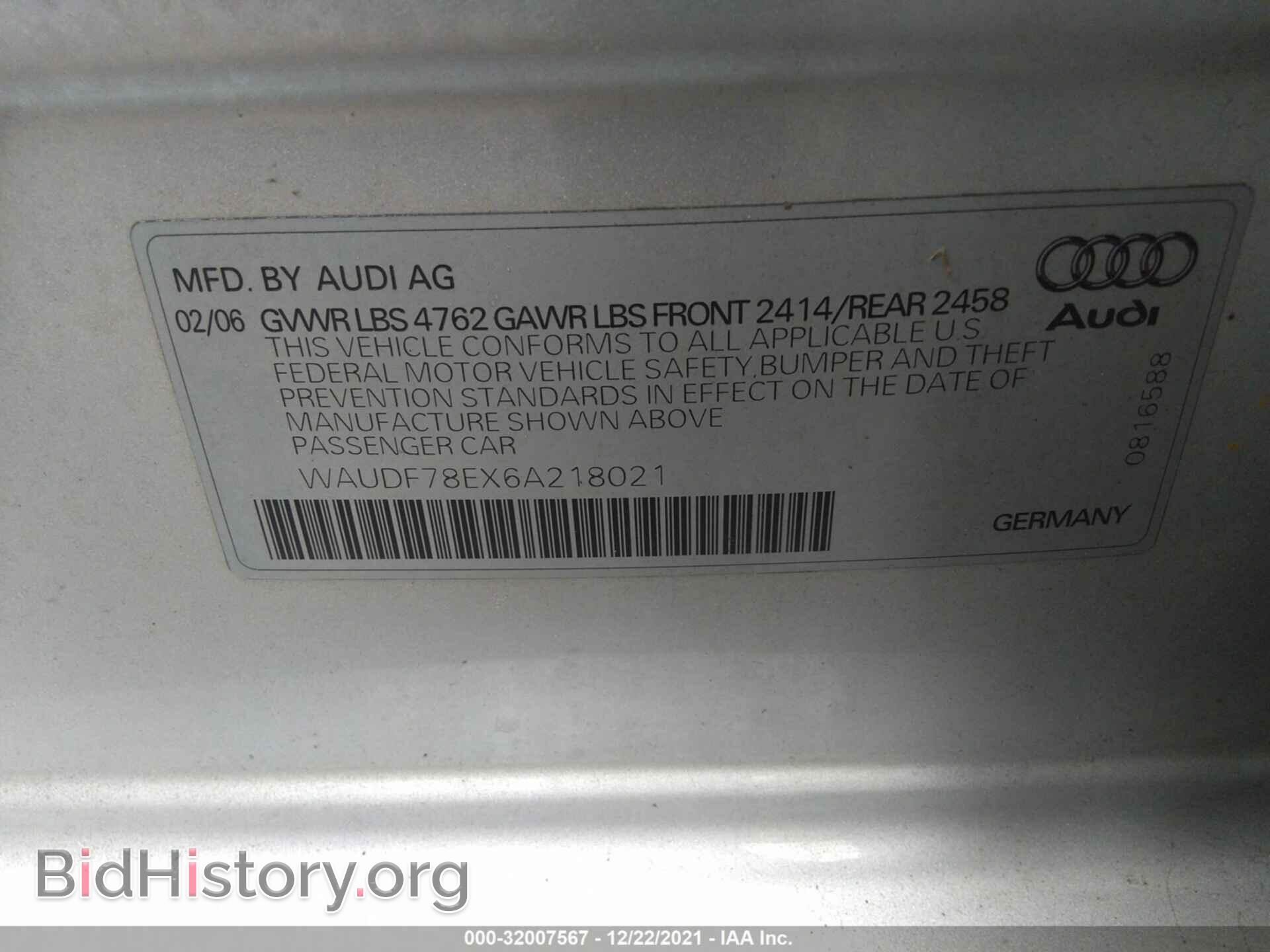2006 AUDI A4 - VIN: WAUDF78EX6A218021 - Фото 9