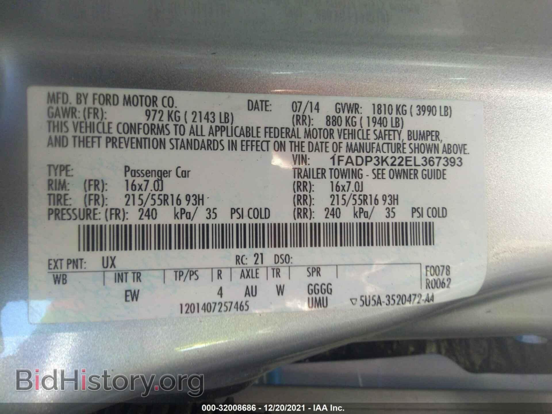 2014 FORD FOCUS - VIN: 1FADP3K22EL367393 - Фото 9