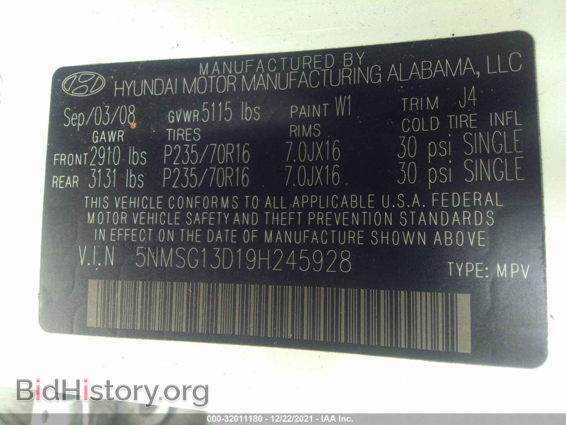 2009 HYUNDAI SANTA FE - VIN: 5NMSG13D19H245928 - Фото 9