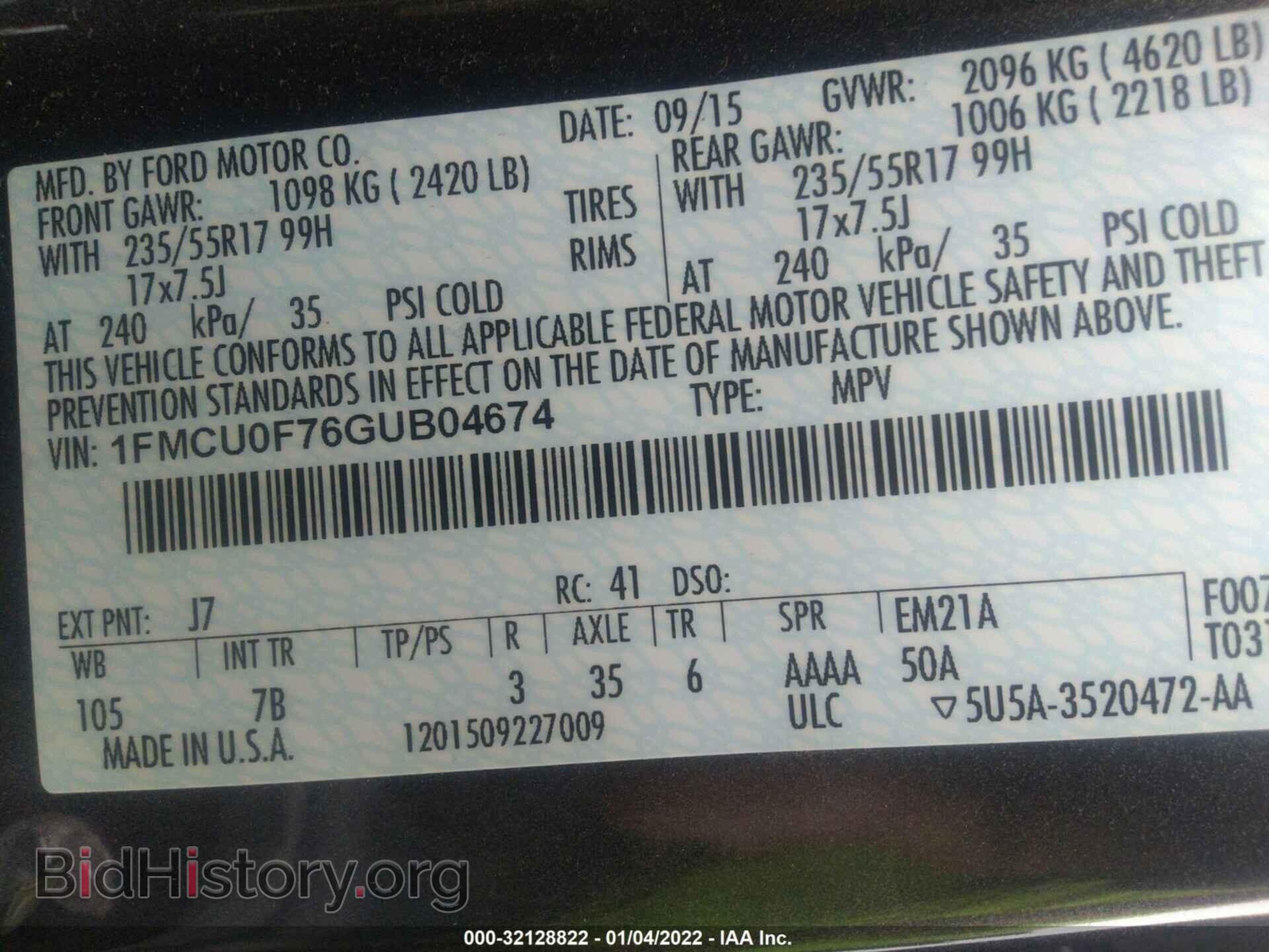 2016 FORD ESCAPE - VIN: 1FMCU0F76GUB04674 - Фото 9