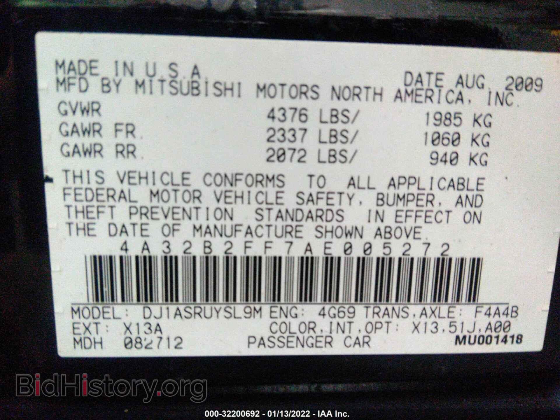 2010 MITSUBISHI GALANT - VIN: 4A32B2FF7AE005272 - Фото 9