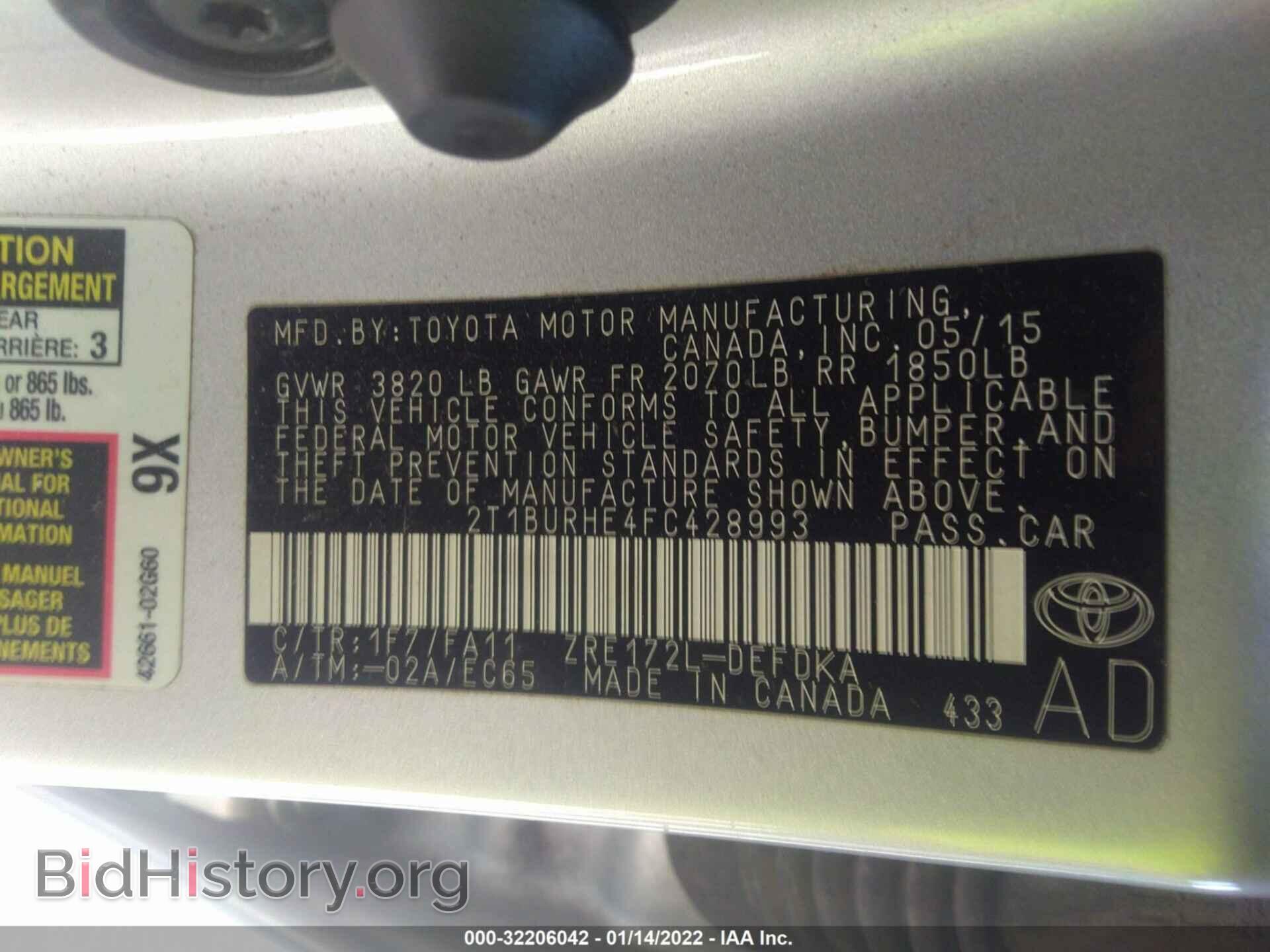 2015 TOYOTA COROLLA - VIN: 2T1BURHE4FC428993 - Фото 9