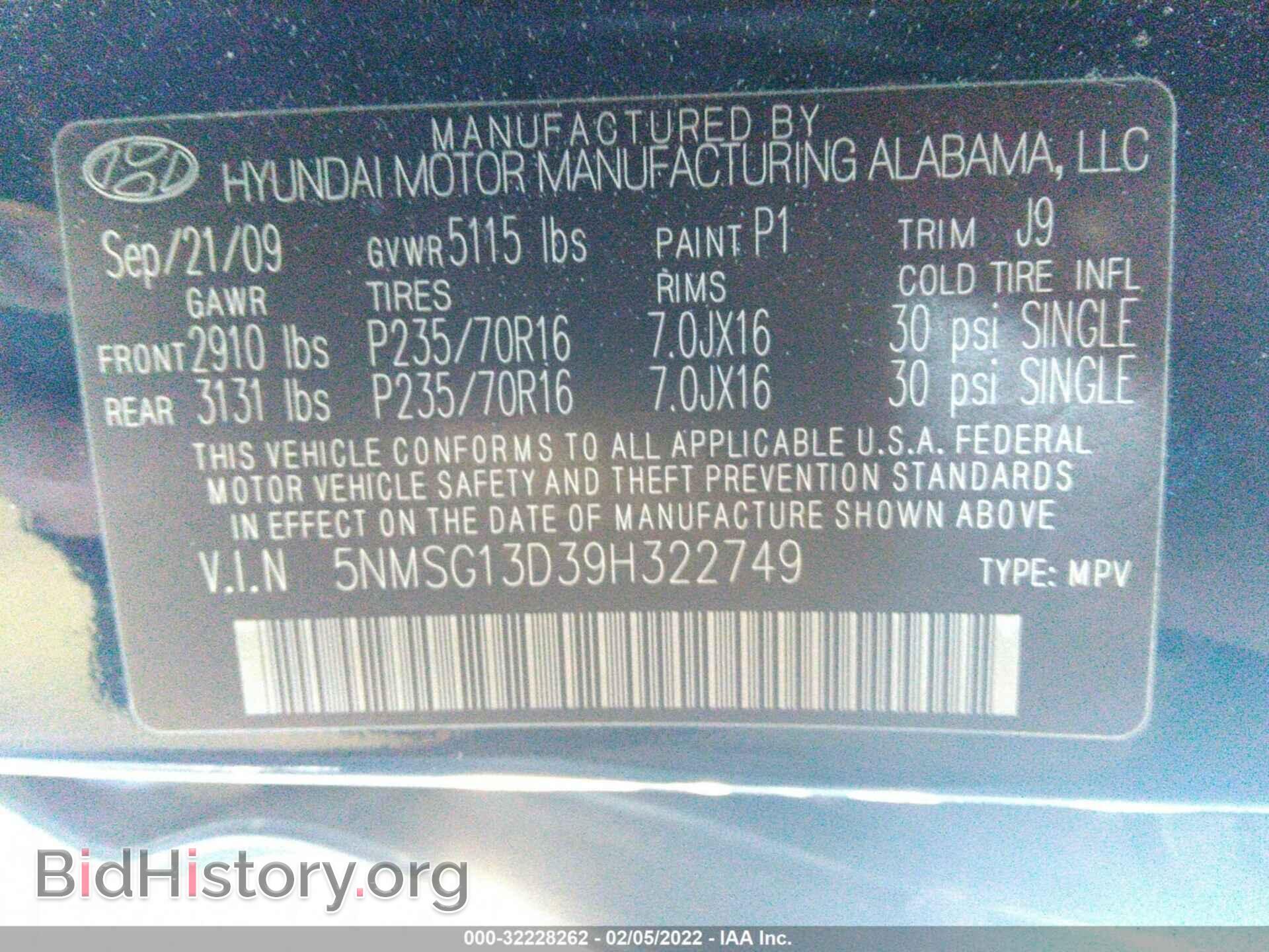 2009 HYUNDAI SANTA FE - VIN: 5NMSG13D39H322749 - Фото 9