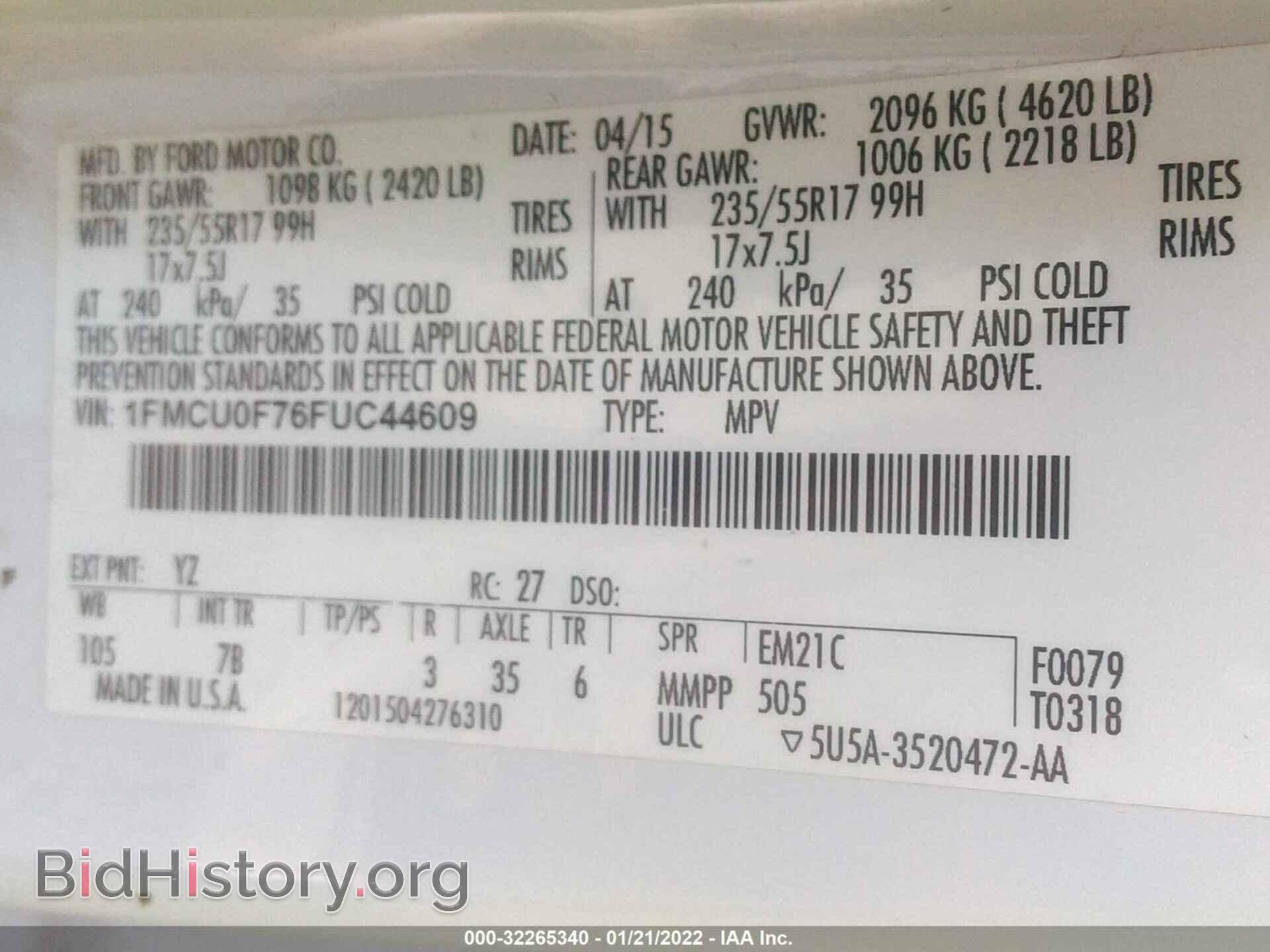 2015 FORD ESCAPE - VIN: 1FMCU0F76FUC44609 - Фото 9