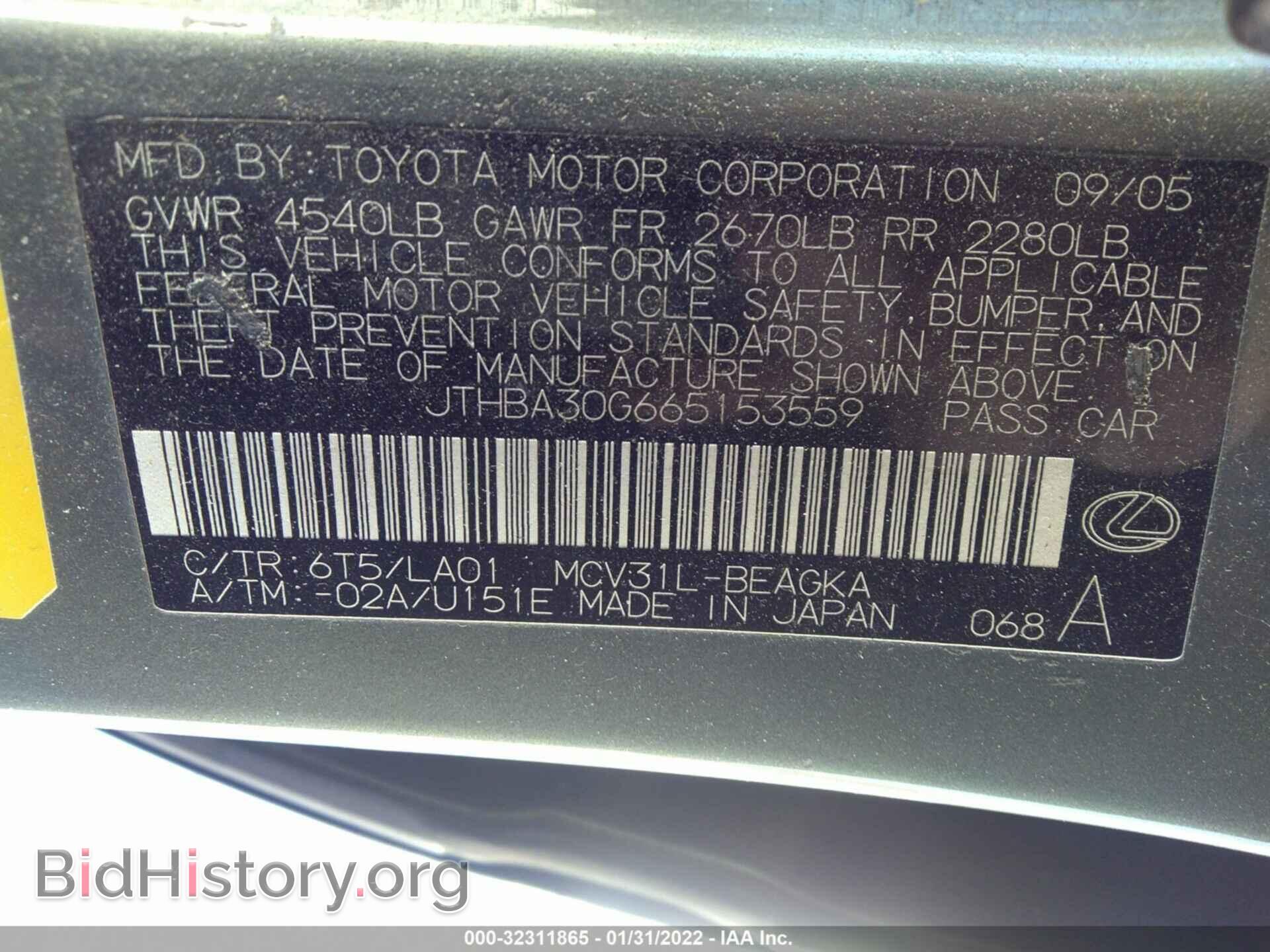 2006 LEXUS ES 330 - VIN: JTHBA30G665153559 - Фото 9
