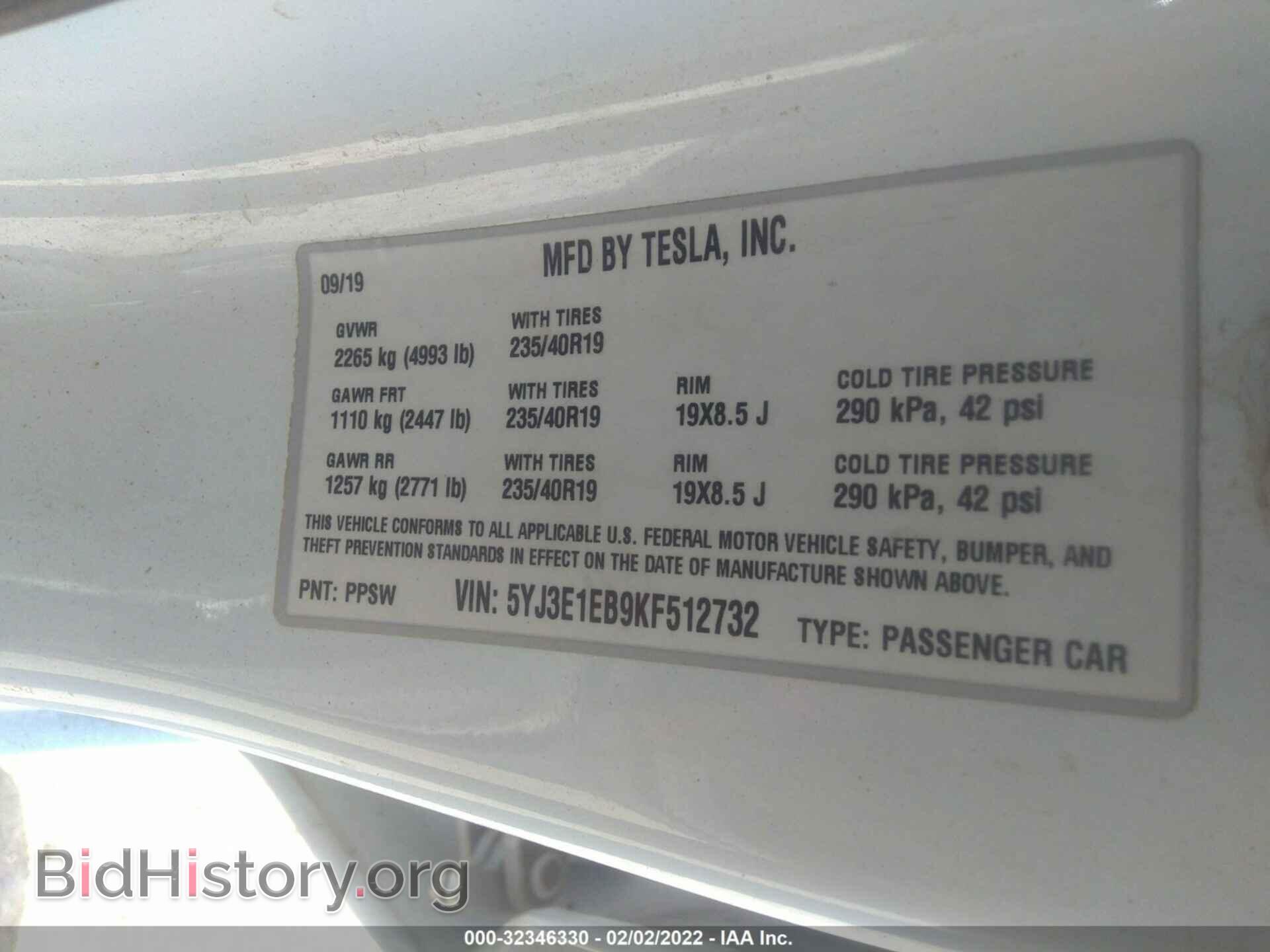 2019 TESLA MODEL 3 - VIN: 5YJ3E1EB9KF512732 - Фото 9