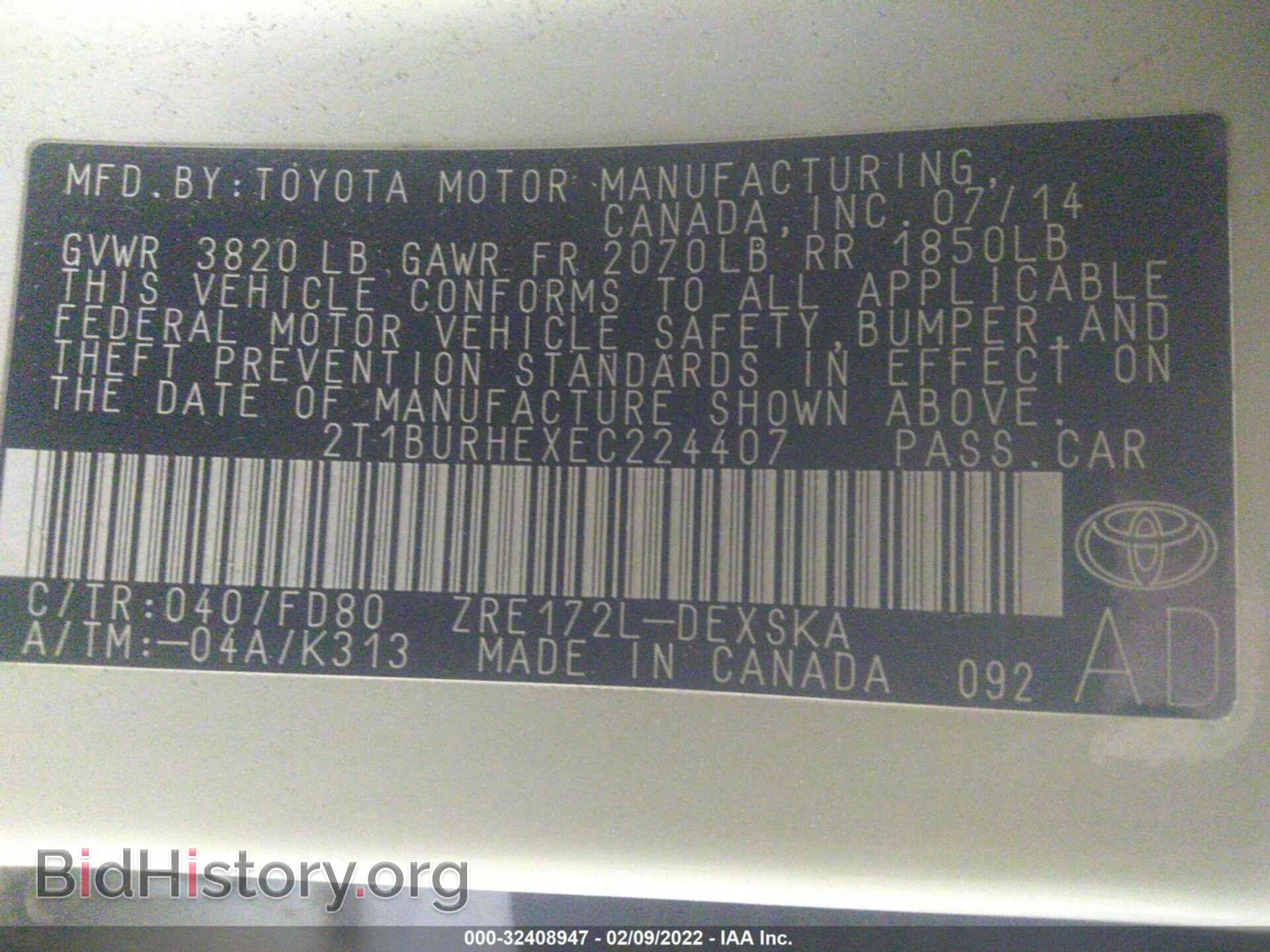 2014 TOYOTA COROLLA - VIN: 2T1BURHEXEC224407 - Фото 9