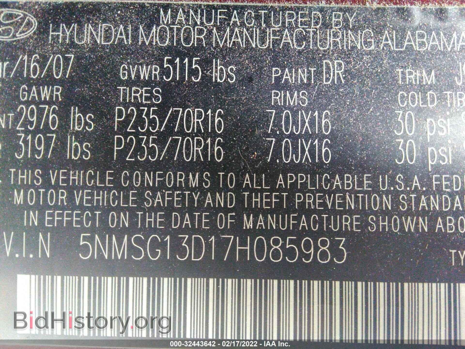 2007 HYUNDAI SANTA FE - VIN: 5NMSG13D17H085983 - Фото 9