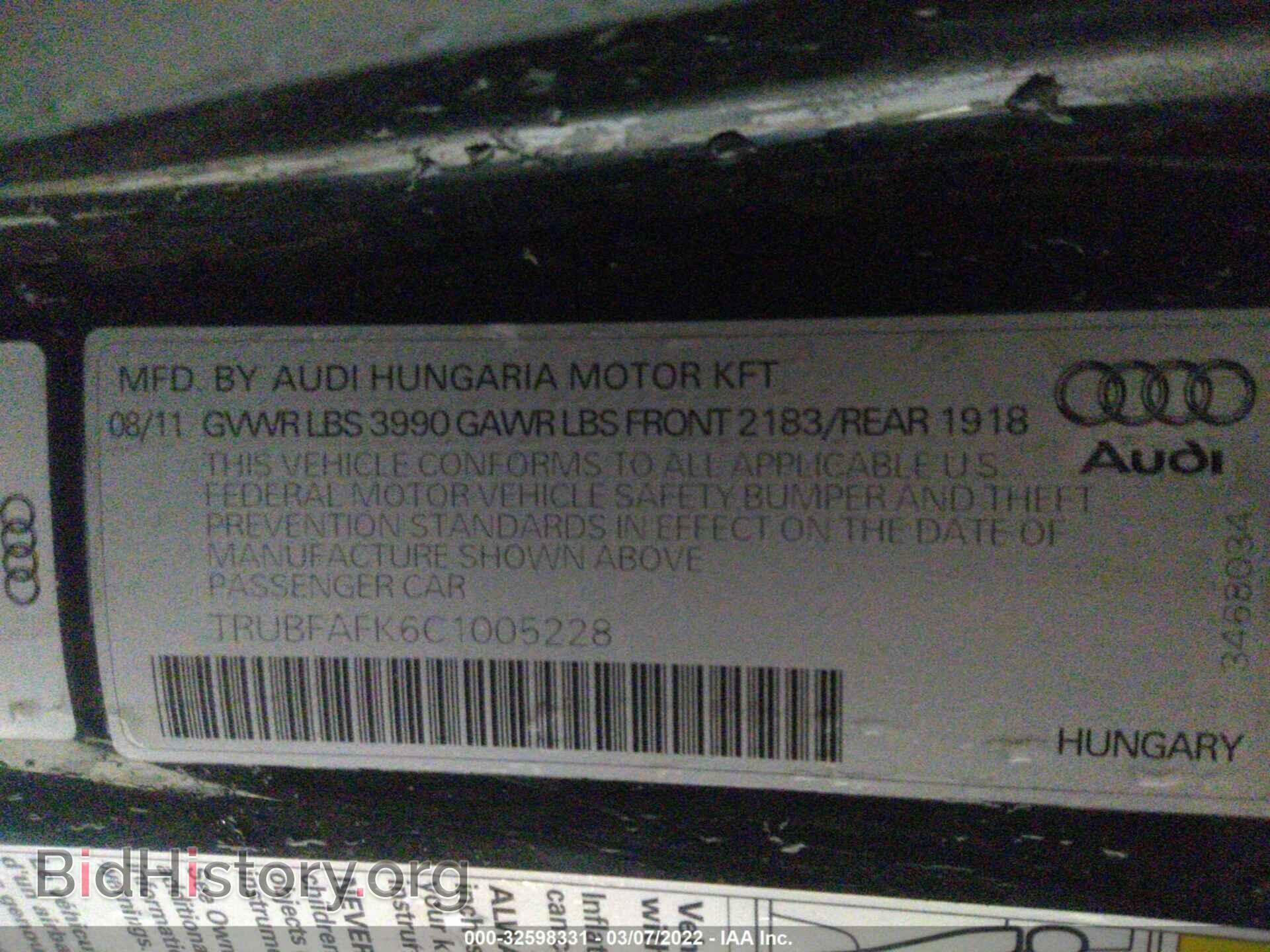 2012 AUDI TT - VIN: TRUBFAFK6C1005228 - Фото 9