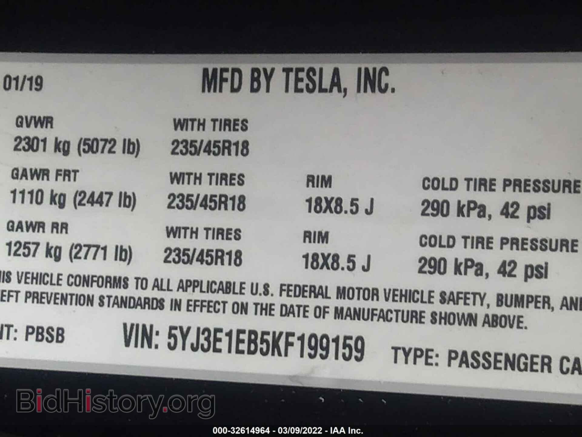 2019 TESLA MODEL 3 - VIN: 5YJ3E1EB5KF199159 - Photo 9