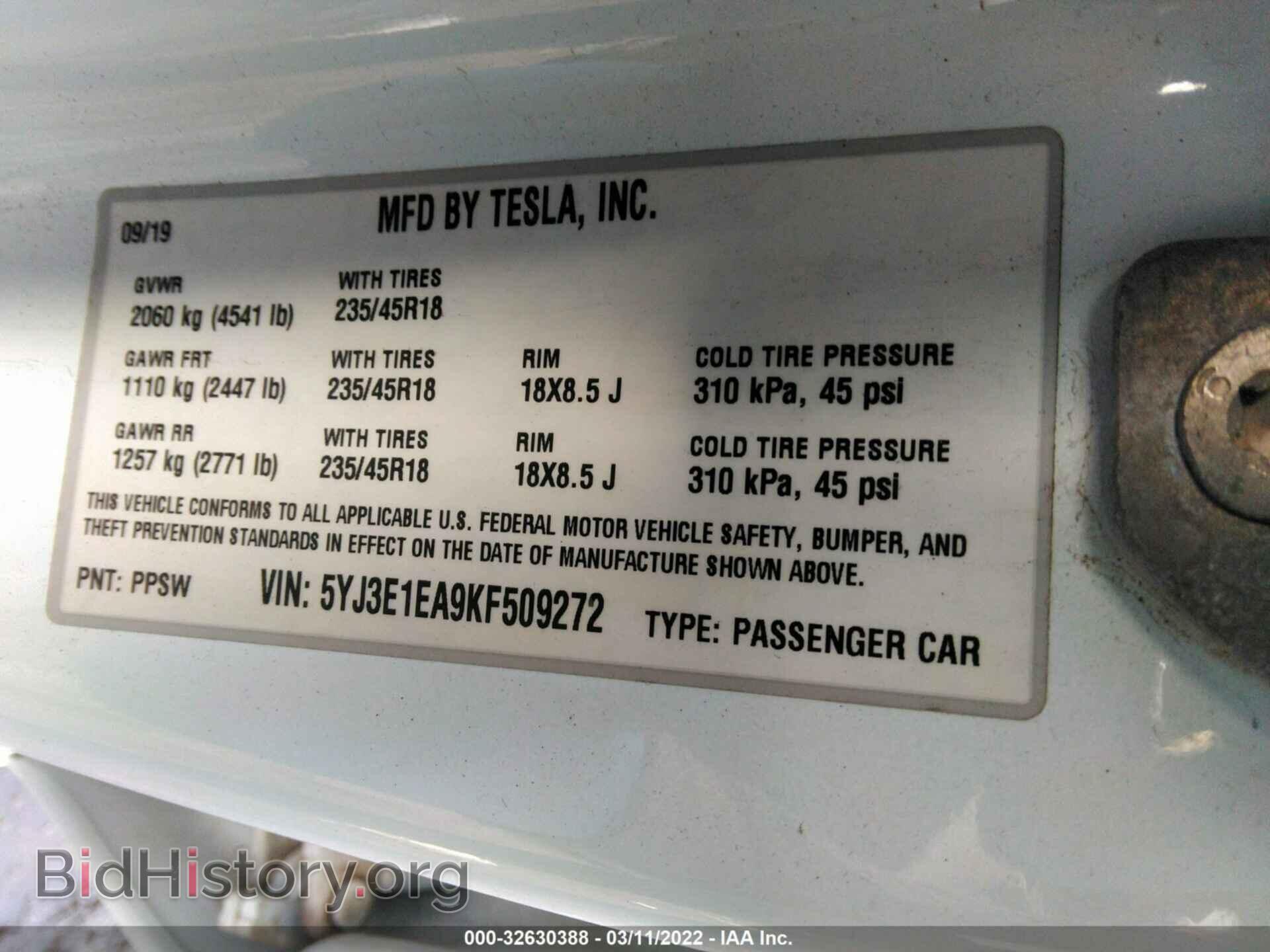 2019 TESLA MODEL 3 - VIN: 5YJ3E1EA9KF509272 - Фото 9